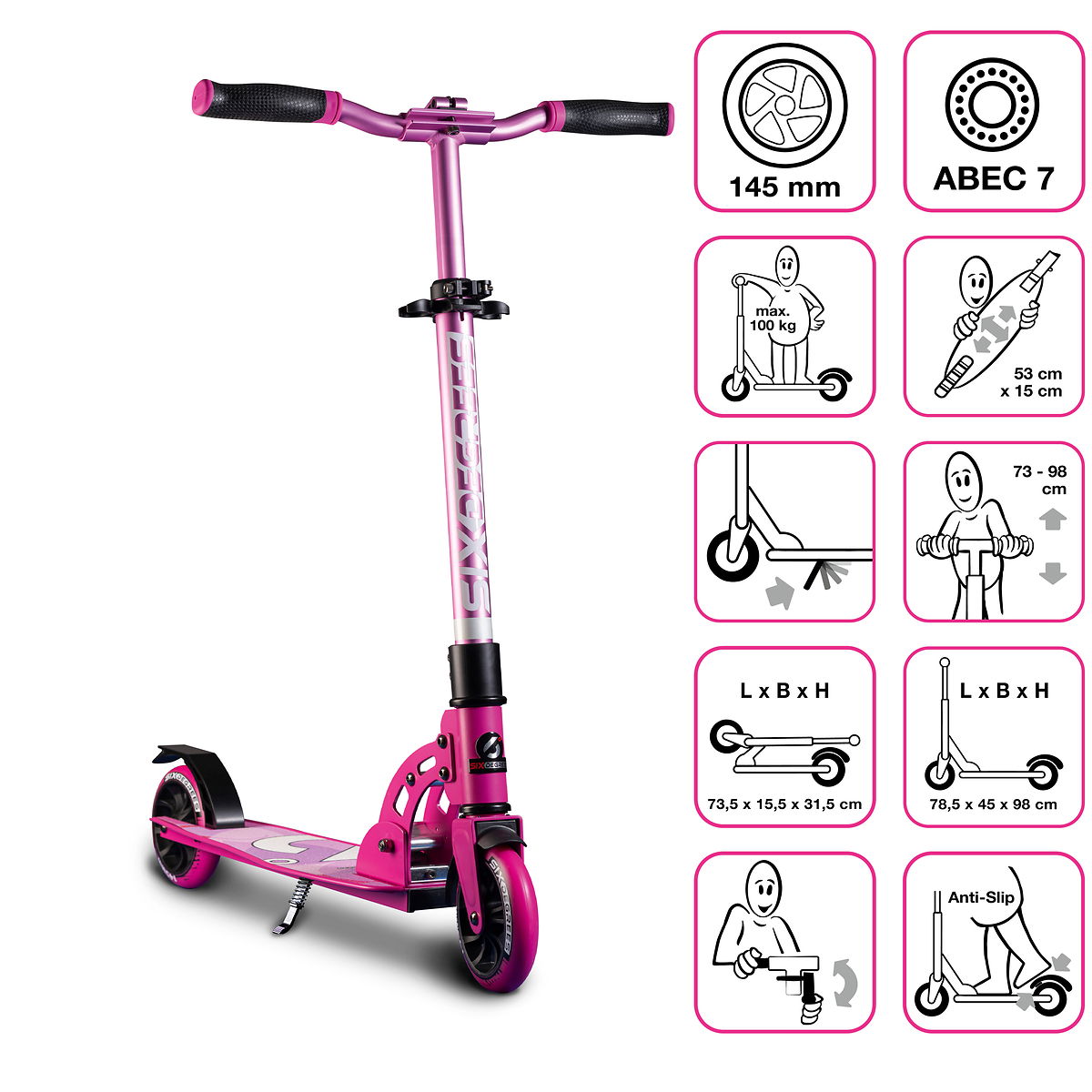 SIX DEGREES Aluminium Scooter Junior 145mm pink
