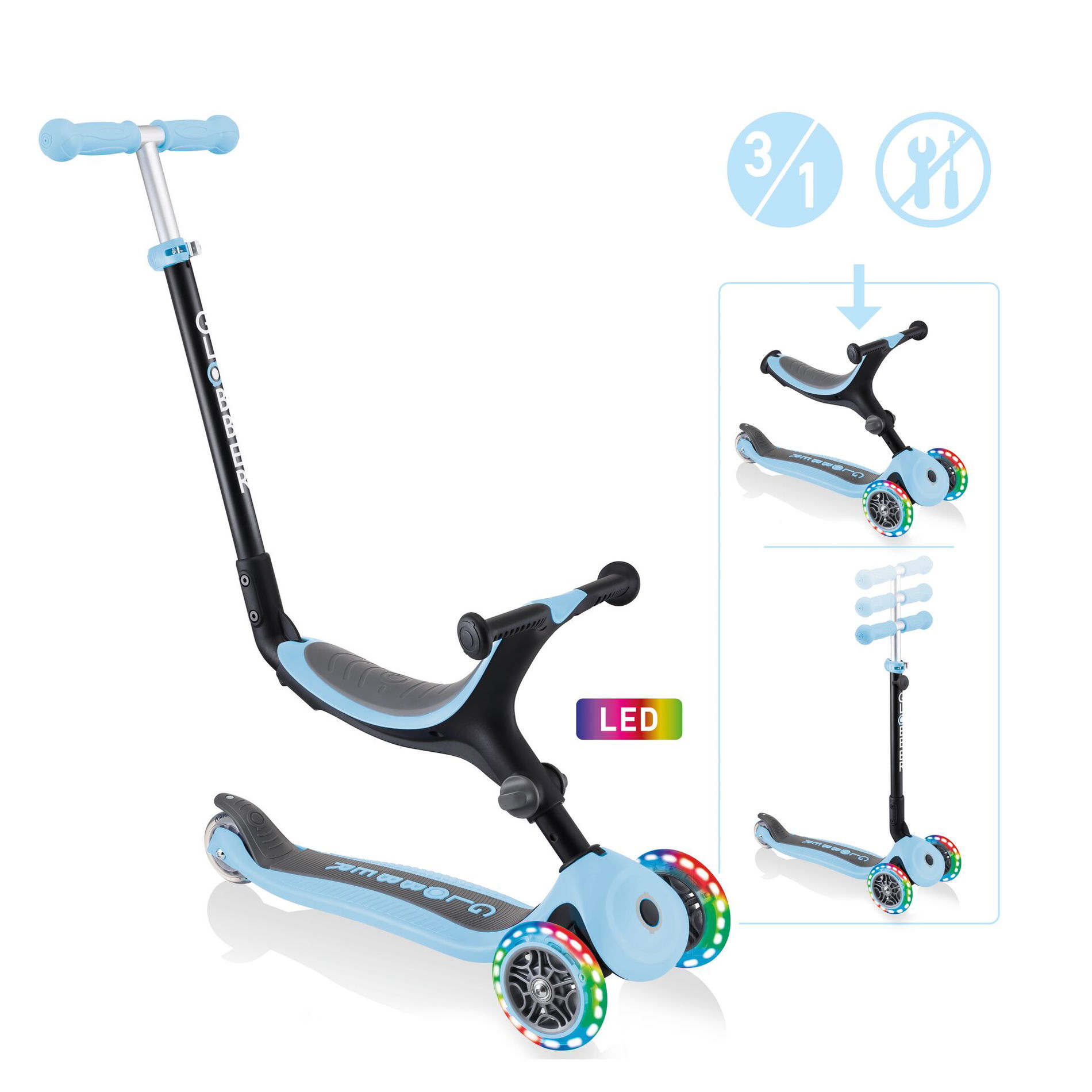 GLOBBER GO-UP FOLDABLE LIGHTS pastellblau, mit Leuchtrollen