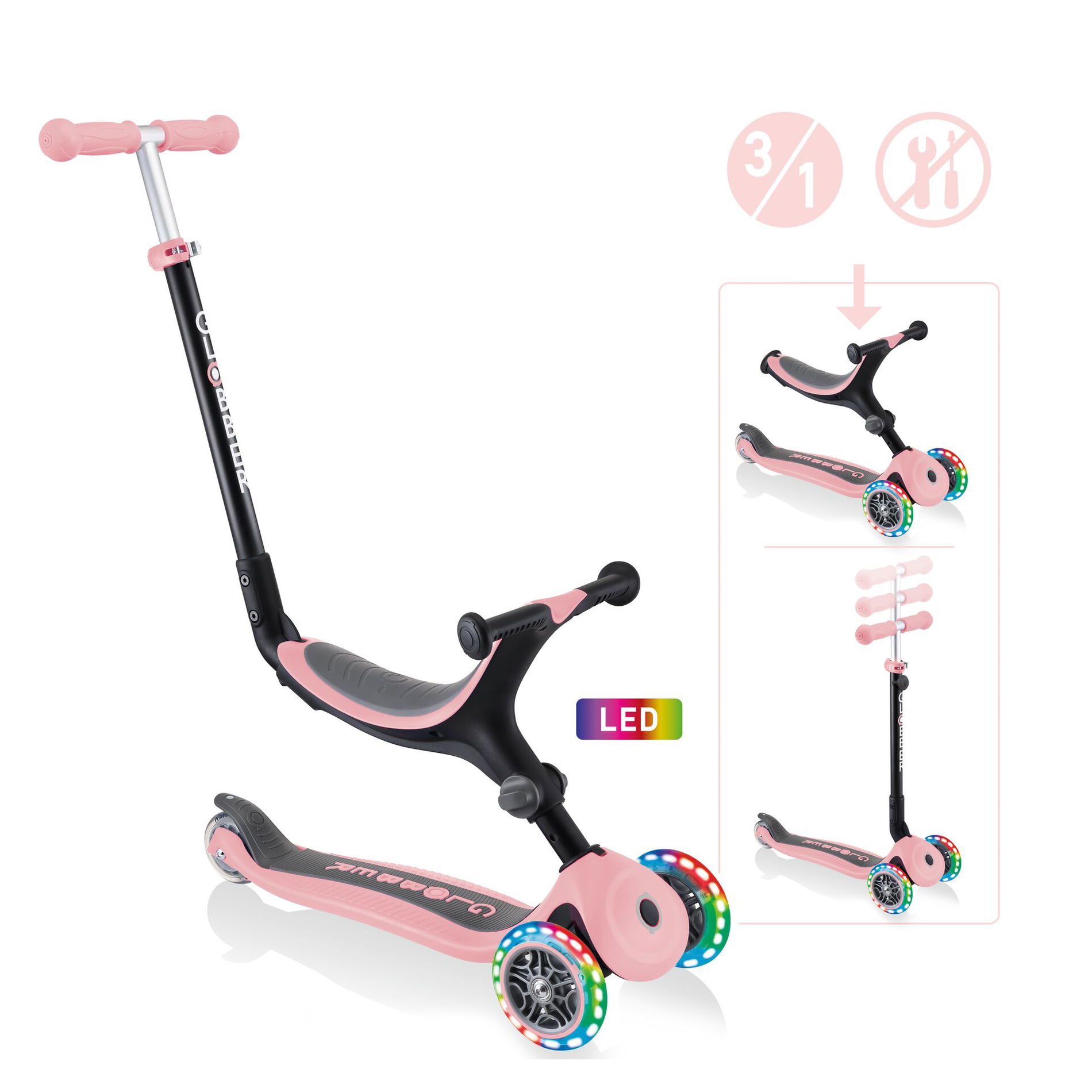 GLOBBER GO-UP FOLDABLE LIGHTS pastellrosa, mit Leuchtrollen