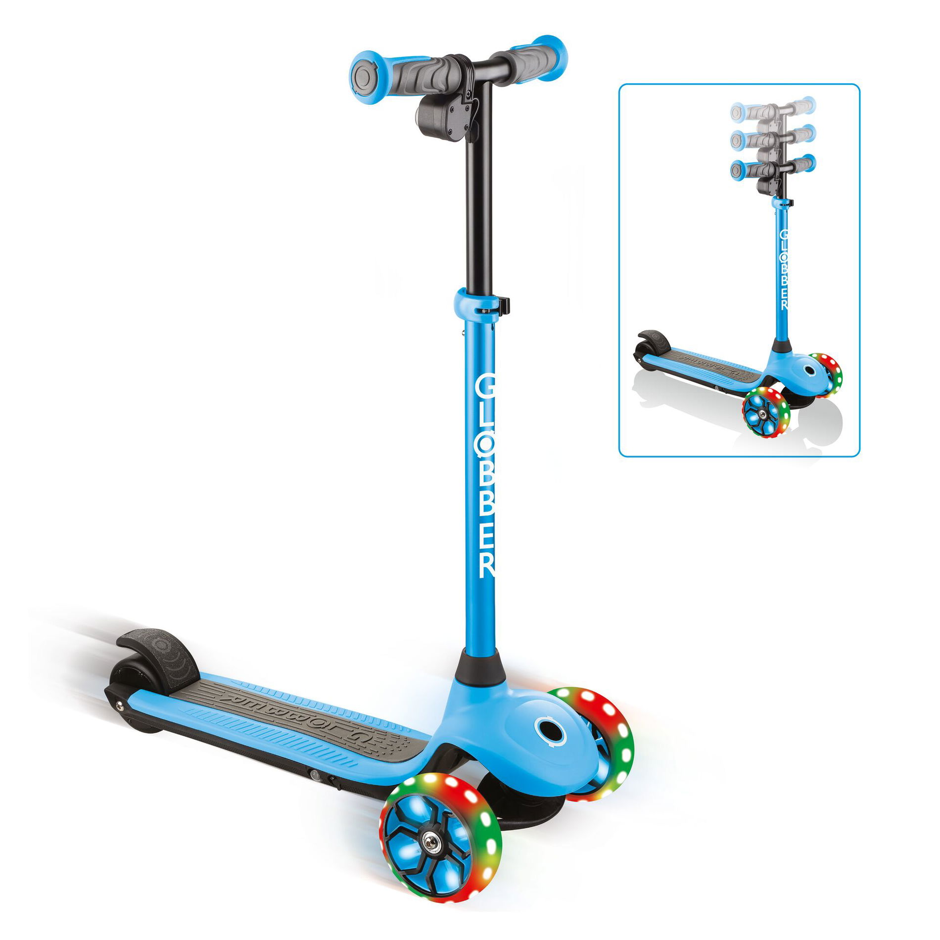 GLOBBER ONE K E-MOTION 4 PLUS hellblau, mit Leuchtrollen