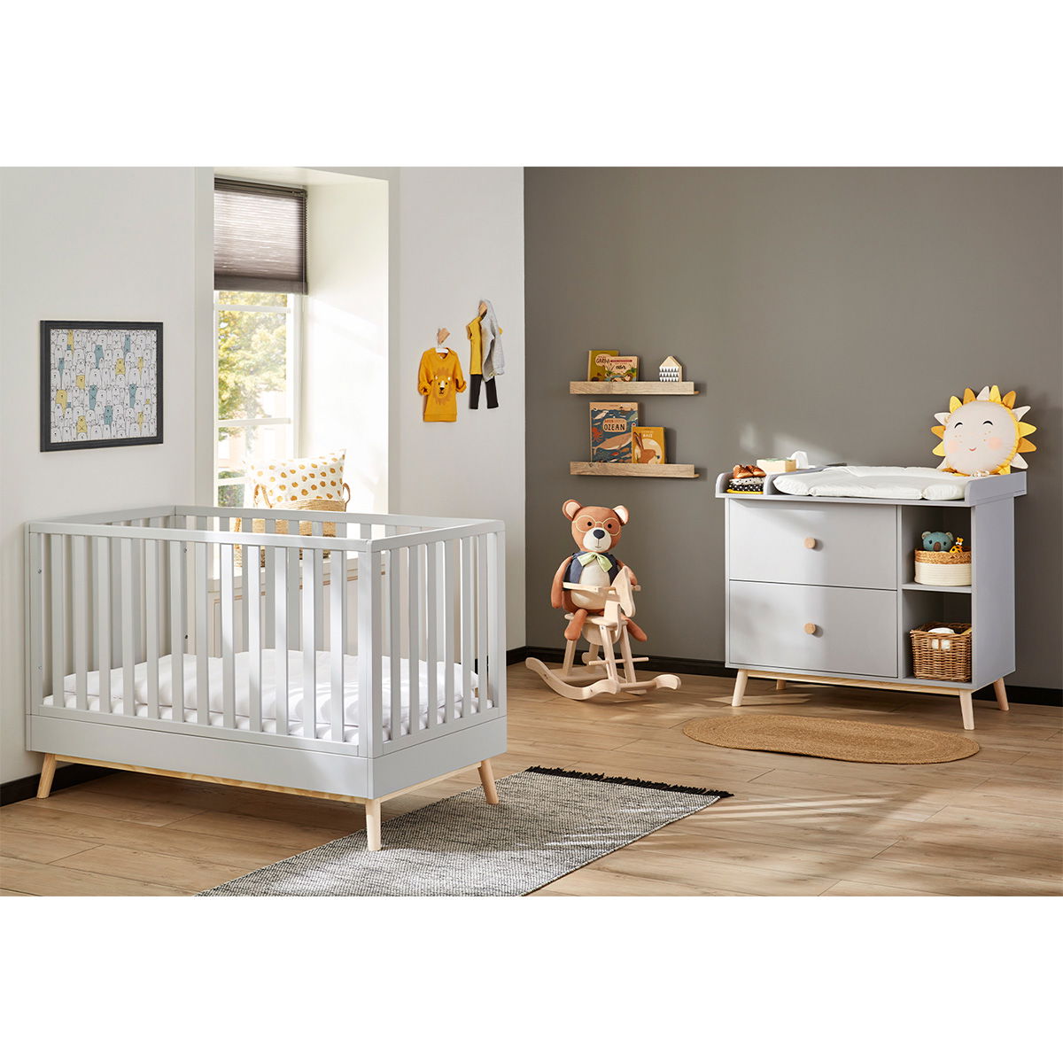 Pinolino Dusk Sparset breit grau/Kiefer massiv Kinderbett & Wickelkommode