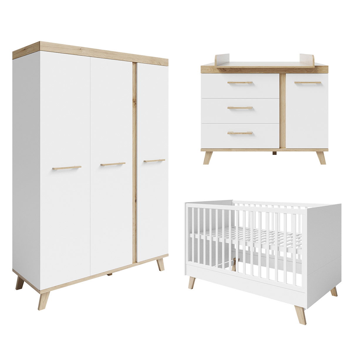 roba Smile Kinderzimmer 3T weiß Bett, Wickelkommode, Schrank