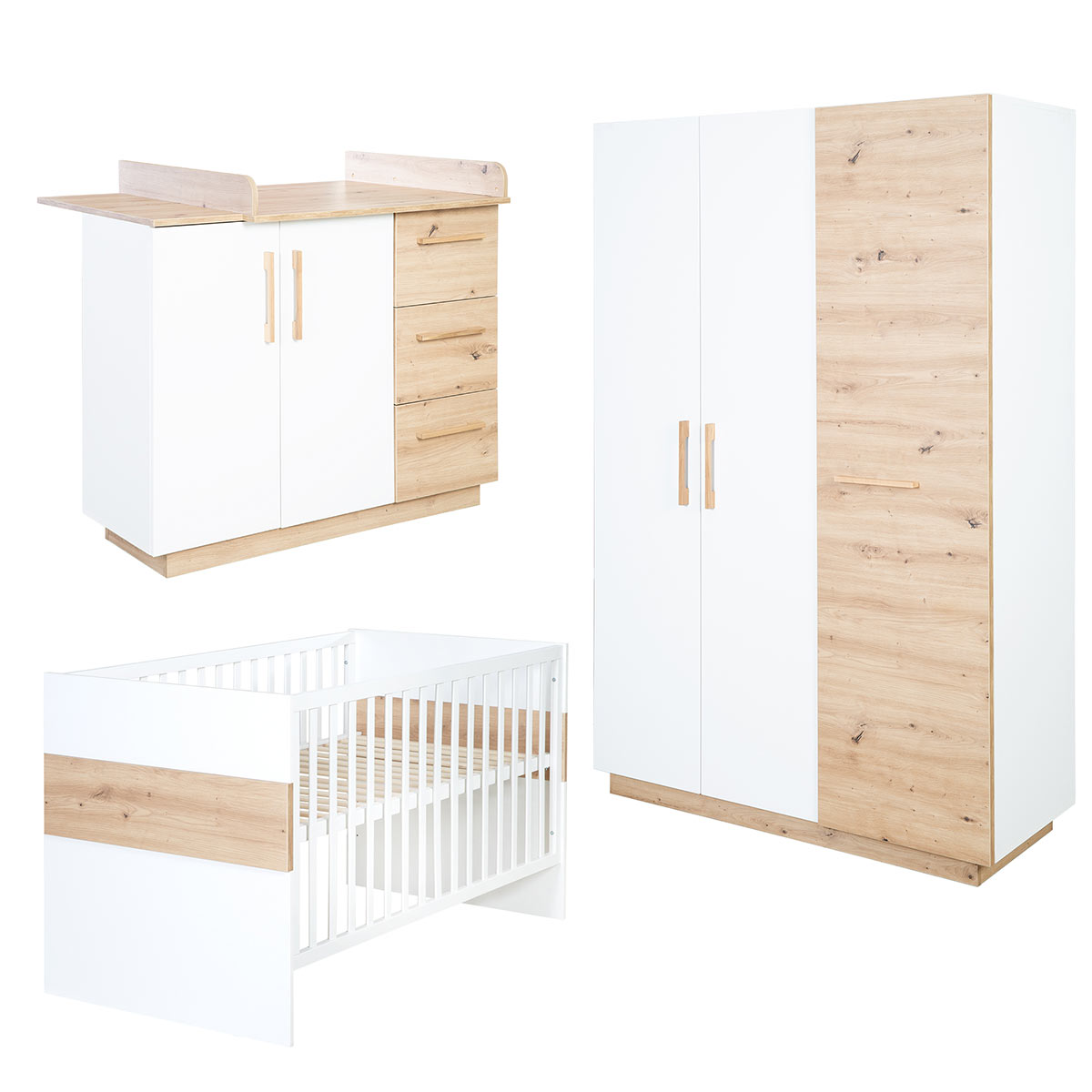 roba Lion Kinderzimmer 3T weiß/natur Bett, Wickelkommode, Schrank