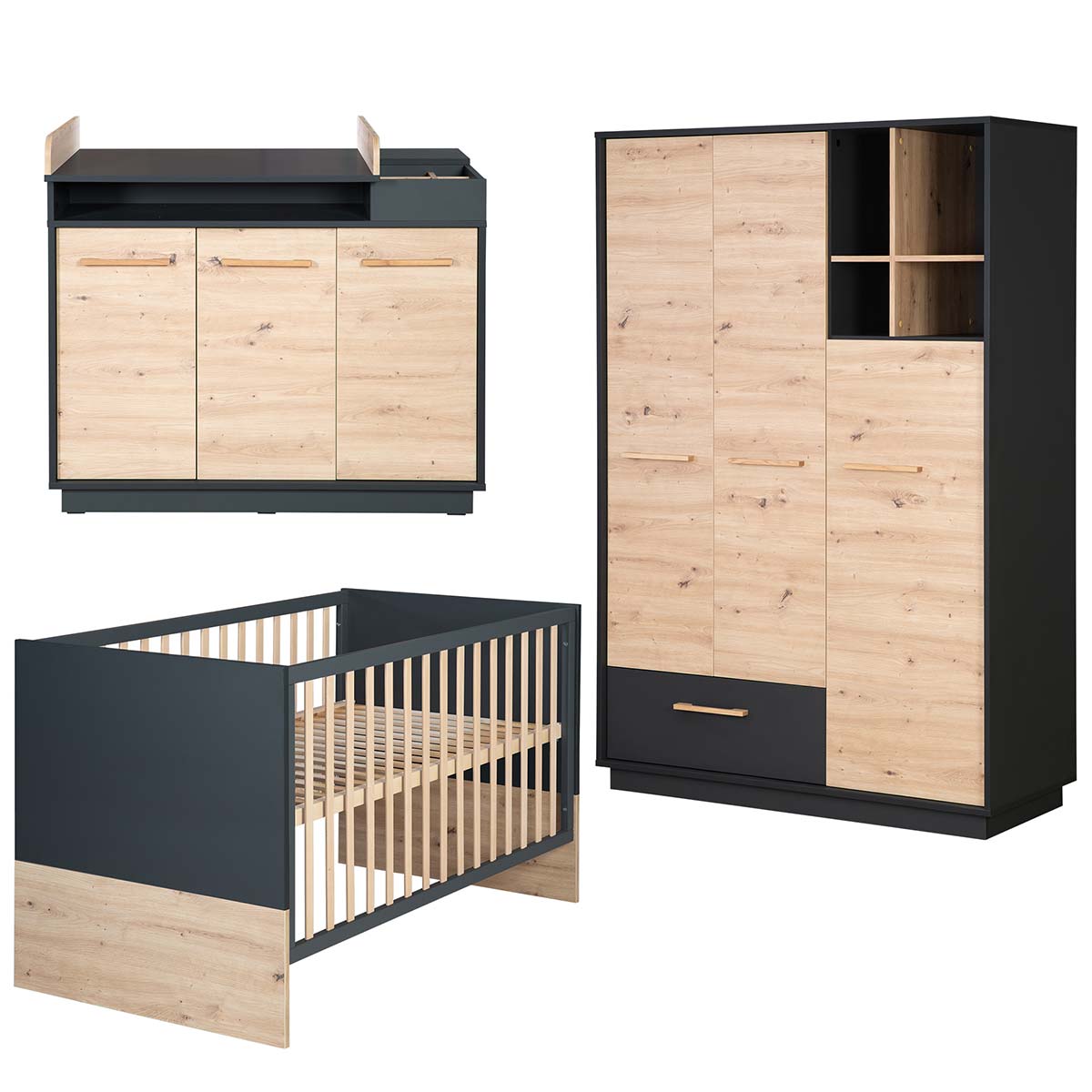 roba Lenn Kinderzimmer 3T anthrazit/natur Bett, Wickelkommode, Schrank