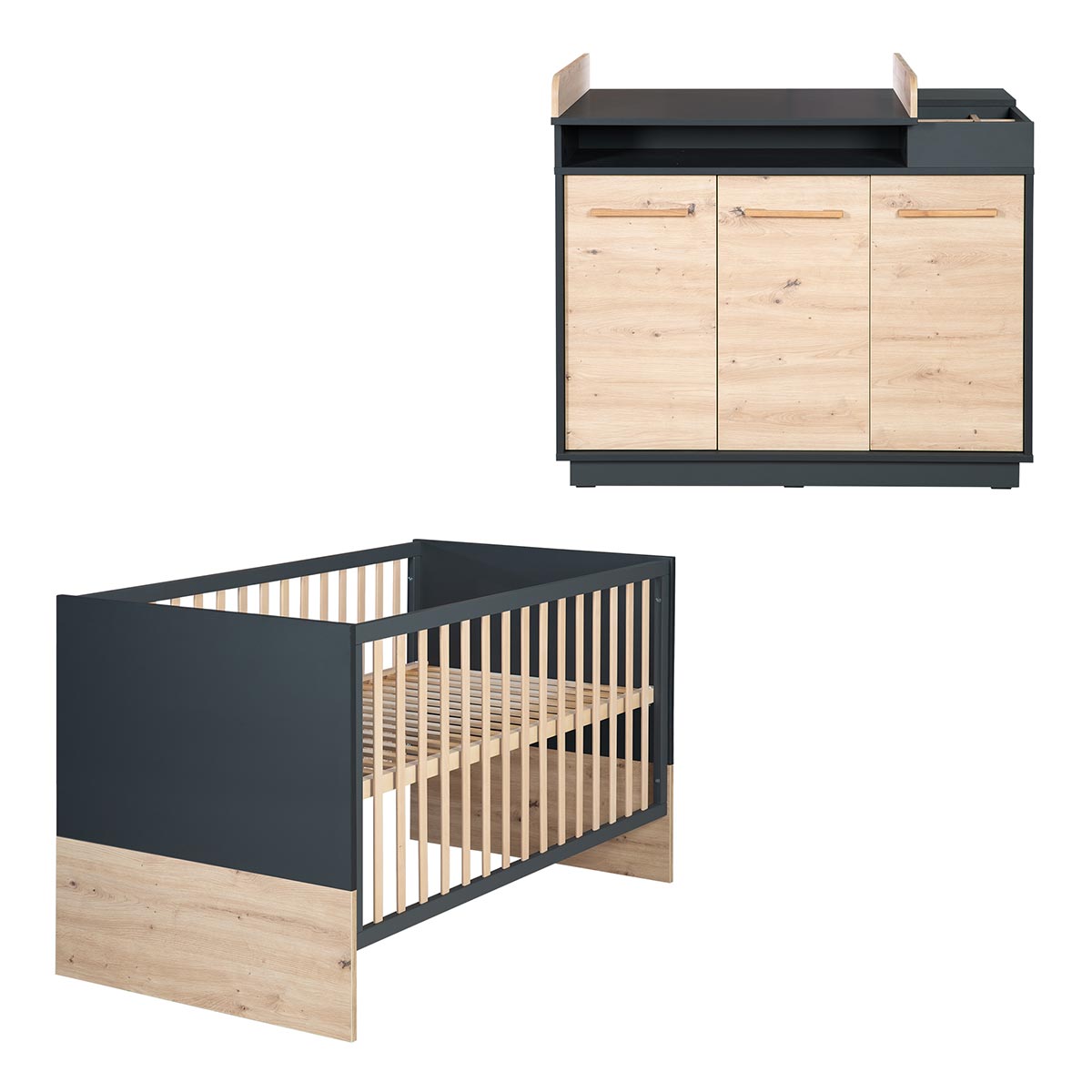 roba Lenn Kinderzimmer Sparset anthrazit/natur Bett und Wickelkommode