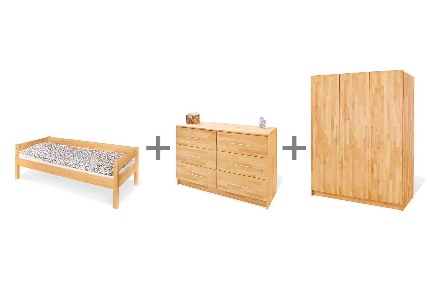 Pinolino Natura Jugendzimmer extrabreit groß, natur, 3-tlg. 1x Bett, 1x Matratze, 1x Sideboard, 1x Kleiderschrank