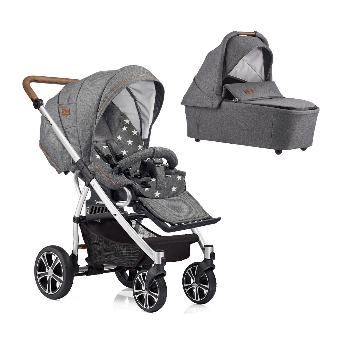 Gesslein F4 Air Plus Kinderwagen Gestell eloxiert mit CF3 Babywanne Farbe wählbar