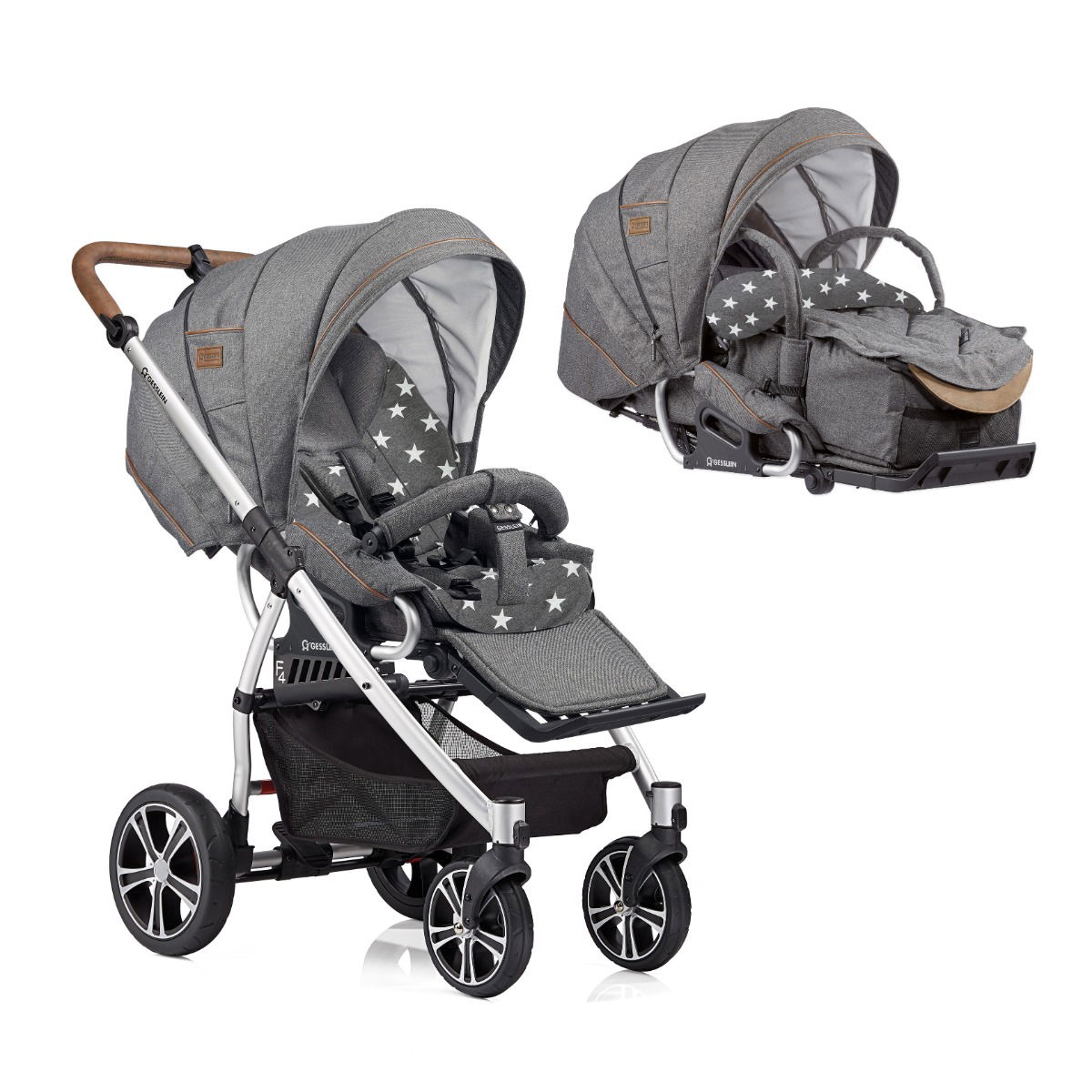 Gesslein F4 Air Plus Kinderwagen mit Handbremse Gestell eloxiert mit C1-Lift Tragetasche Farbe wählbar