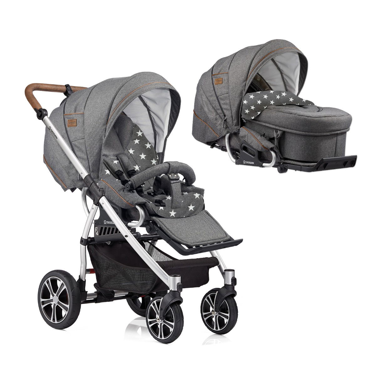 Gesslein F4 Air Plus Kinderwagen mit Handbremse Gestell eloxiert mit C2-Compact Tragetasche Farbe wählbar