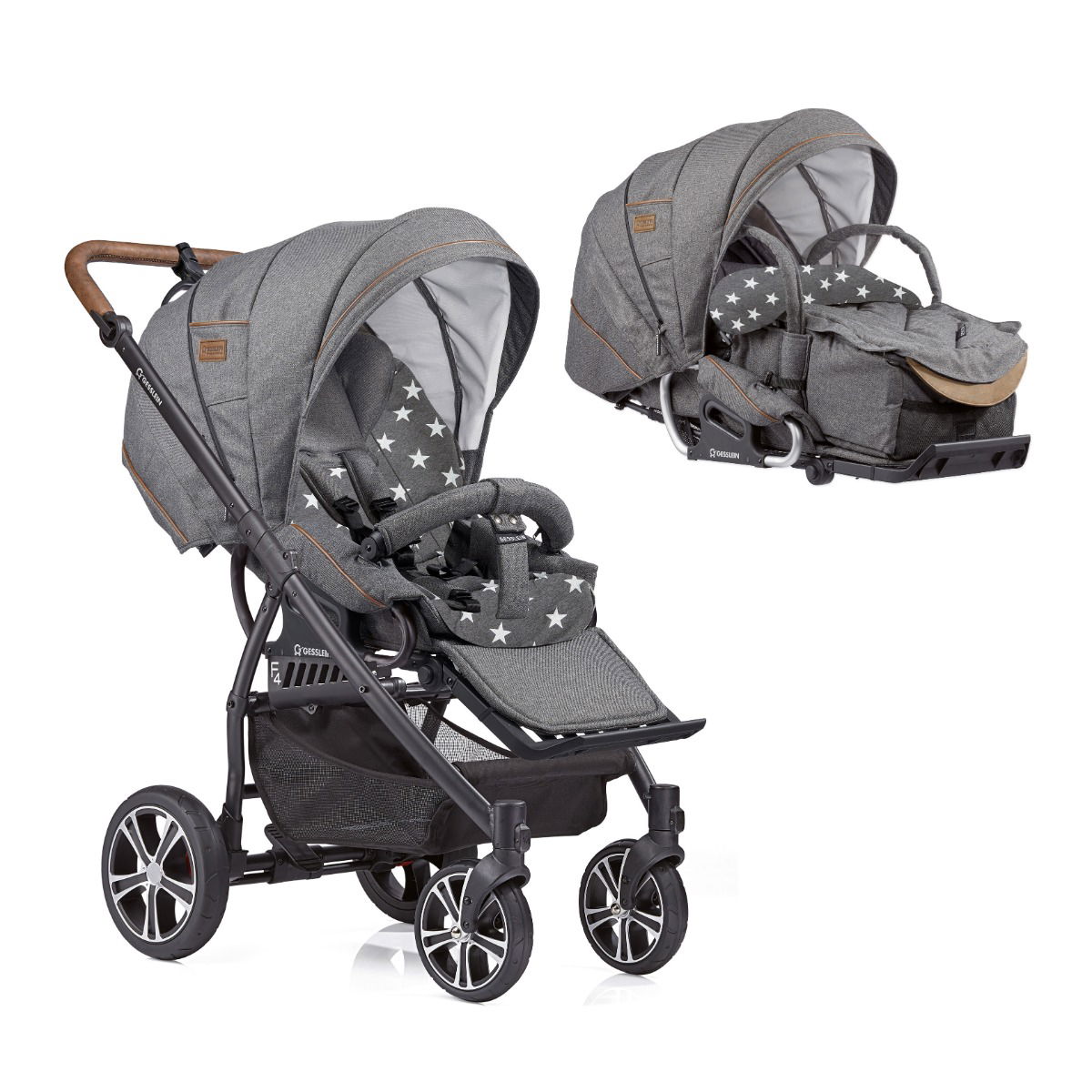Gesslein F4 Air Plus Kinderwagen mit Handbremse Gestell schwarz mit C1-Lift Tragetasche Farbe wählbar