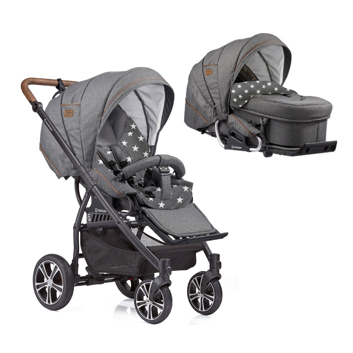 Gesslein F4 Air Plus Kinderwagen mit Handbremse Gestell schwarz mit C2-Compact Tragetasche Farbe wählbar