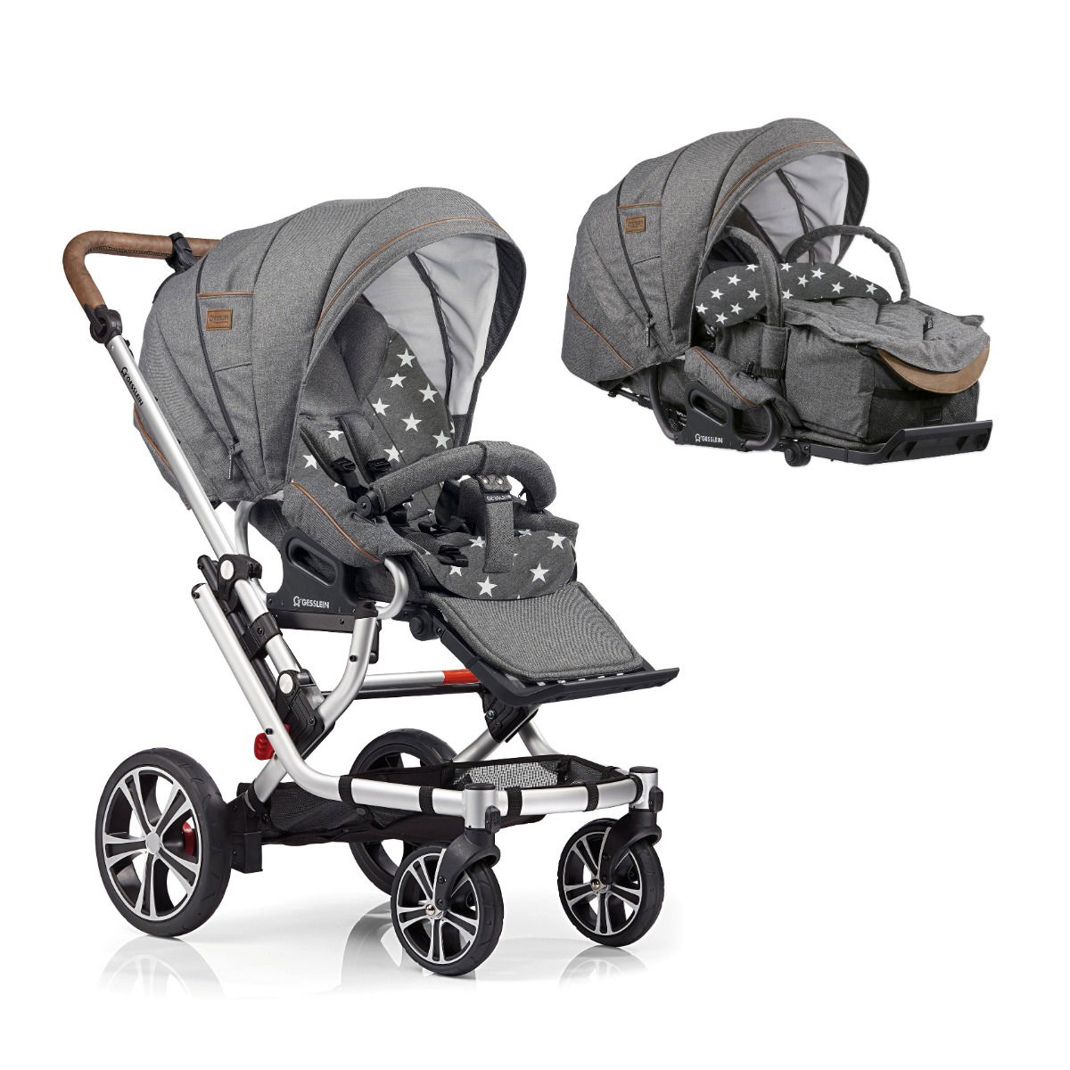 Gesslein F6 Air Plus Kinderwagen mit Handbremse Gestell eloxiert mit C1-Lift Tragetasche Farbe wählbar