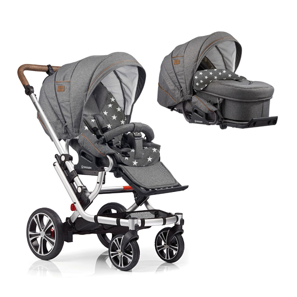 Gesslein F6 Air Plus Kinderwagen mit Handbremse Gestell eloxiert mit C2-Compact Tragetasche Farbe wählbar