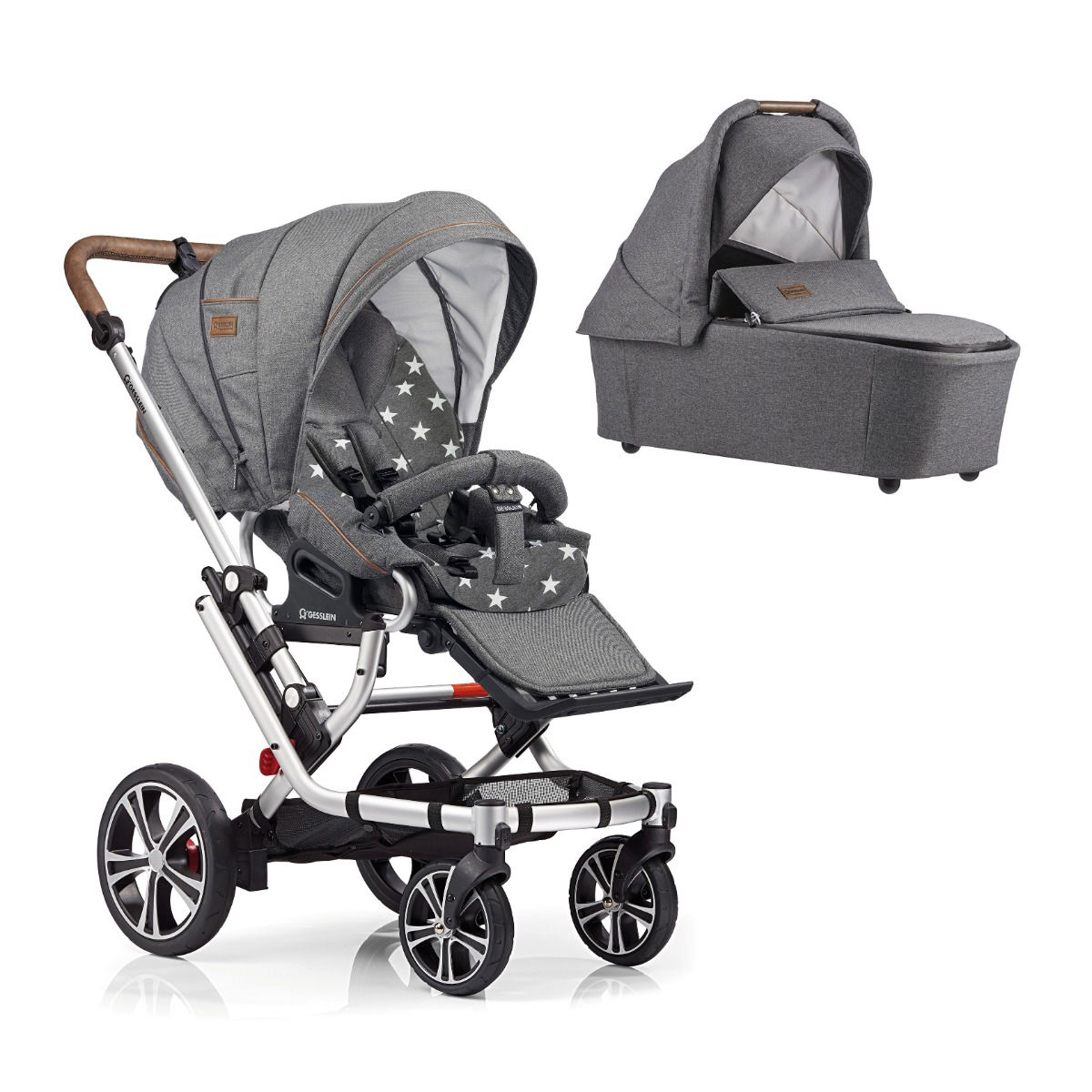 Gesslein F6 Air Plus Kinderwagen mit Handbremse Gestell eloxiert mit CF3 Babywanne Farbe wählbar
