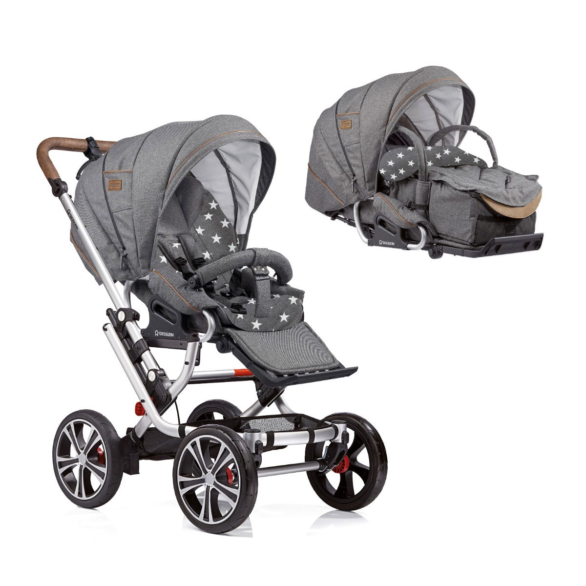 Gesslein F10 Air Plus Kinderwagen mit Handbremse Gestell eloxiert mit C1-Lift Tragetasche Farbe wählbar