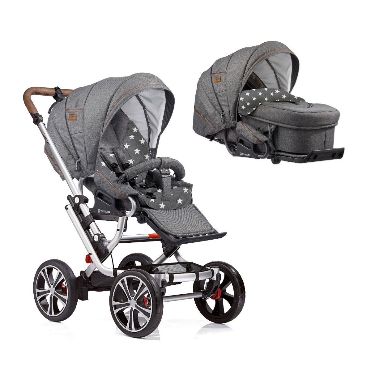Gesslein F10 Air Plus Kinderwagen mit Handbremse Gestell eloxiert mit C2-Compact Tragetasche Farbe wählbar