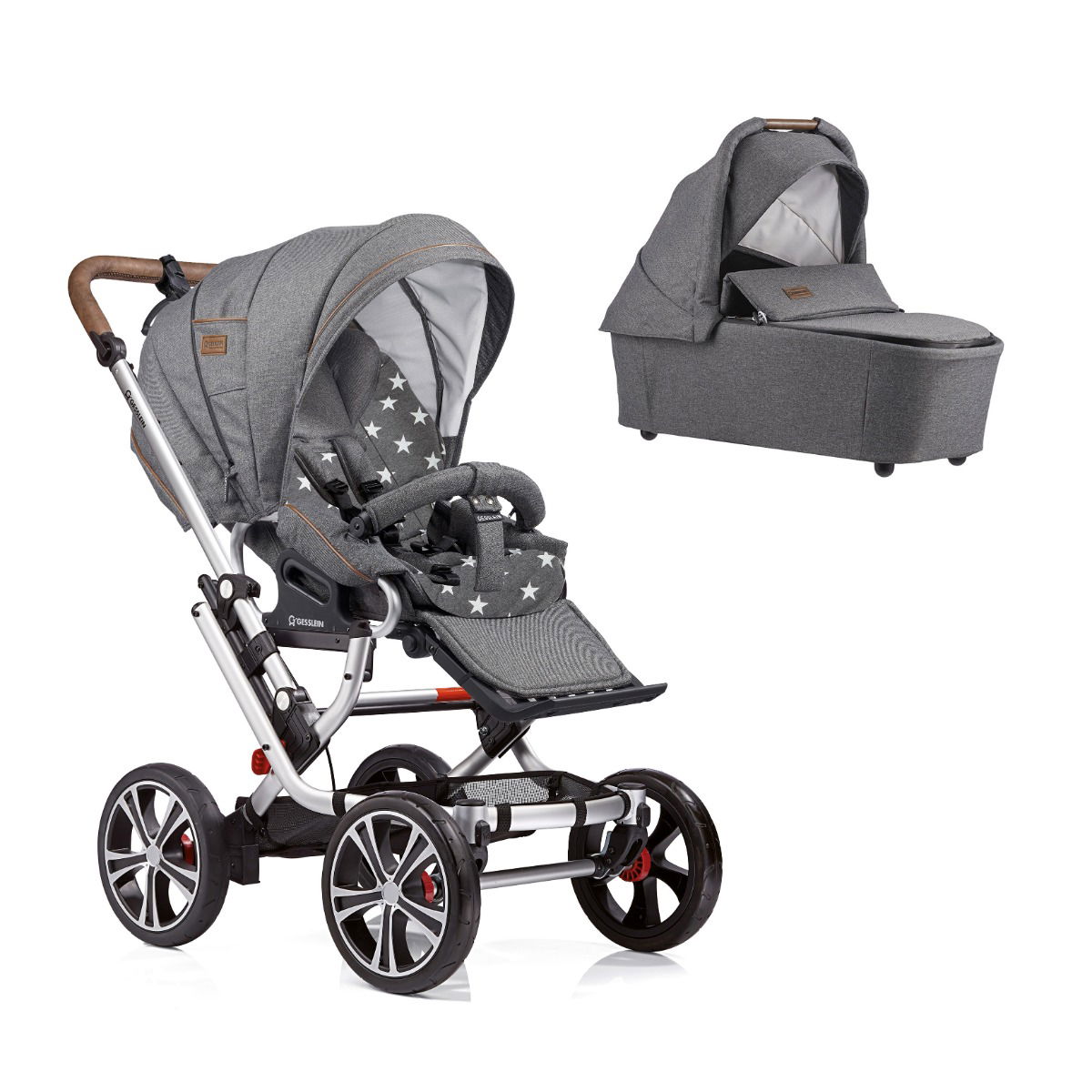 Gesslein F10 Air Plus Kinderwagen mit Handbremse Gestell eloxiert mit CF3 Babywanne Farbe wählbar
