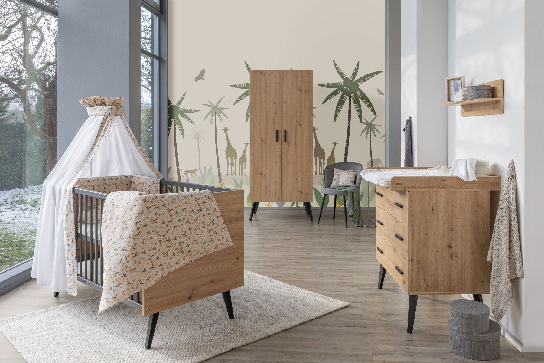 Schardt Kinderzimmer-Set Morris Oak - Bett/Umbauseiten, Wickelkommode und 2-türiger Kleiderschrank