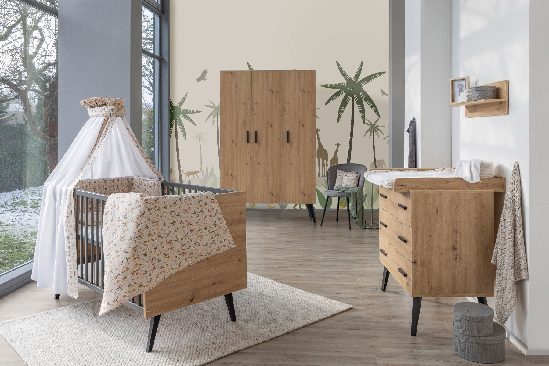 Schardt Kinderzimmer-Set Morris Oak - Bett/Umbauseiten, Wickelkommode und 3-türiger Kleiderschrank