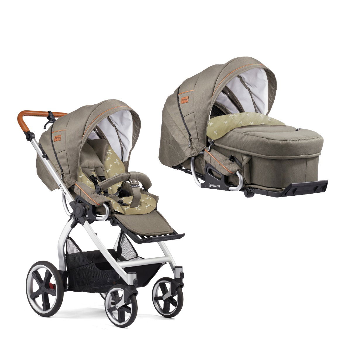 Gesslein FX4 Classic Kinderwagen mit Handbremse Gestell eloxiert mit C2-Compact Tragetasche Farbe wählbar