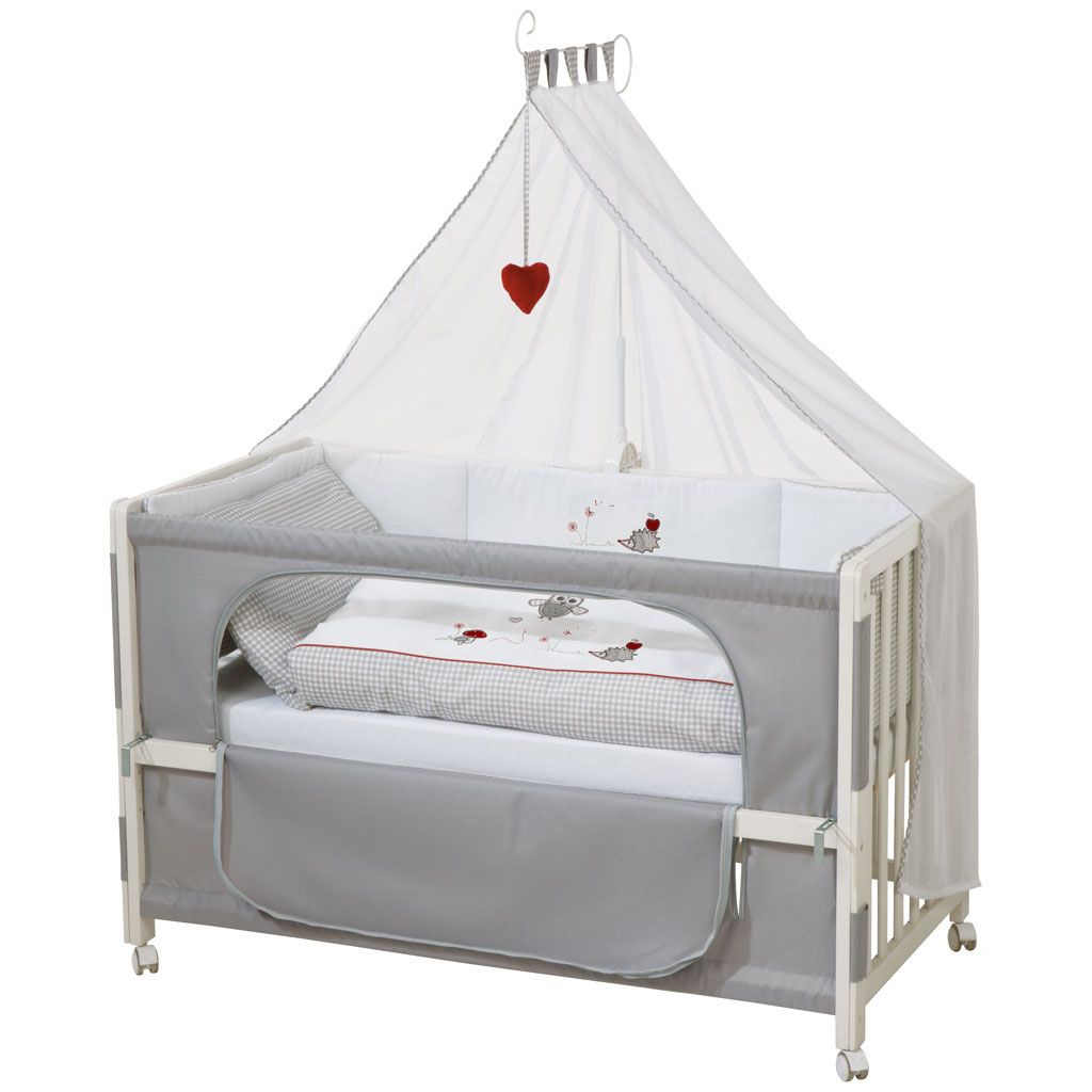 Roba Room Bed Adam & Eule, weiß lackiert Babybett mit Bettwäscheset, Matratze, Himmelstange