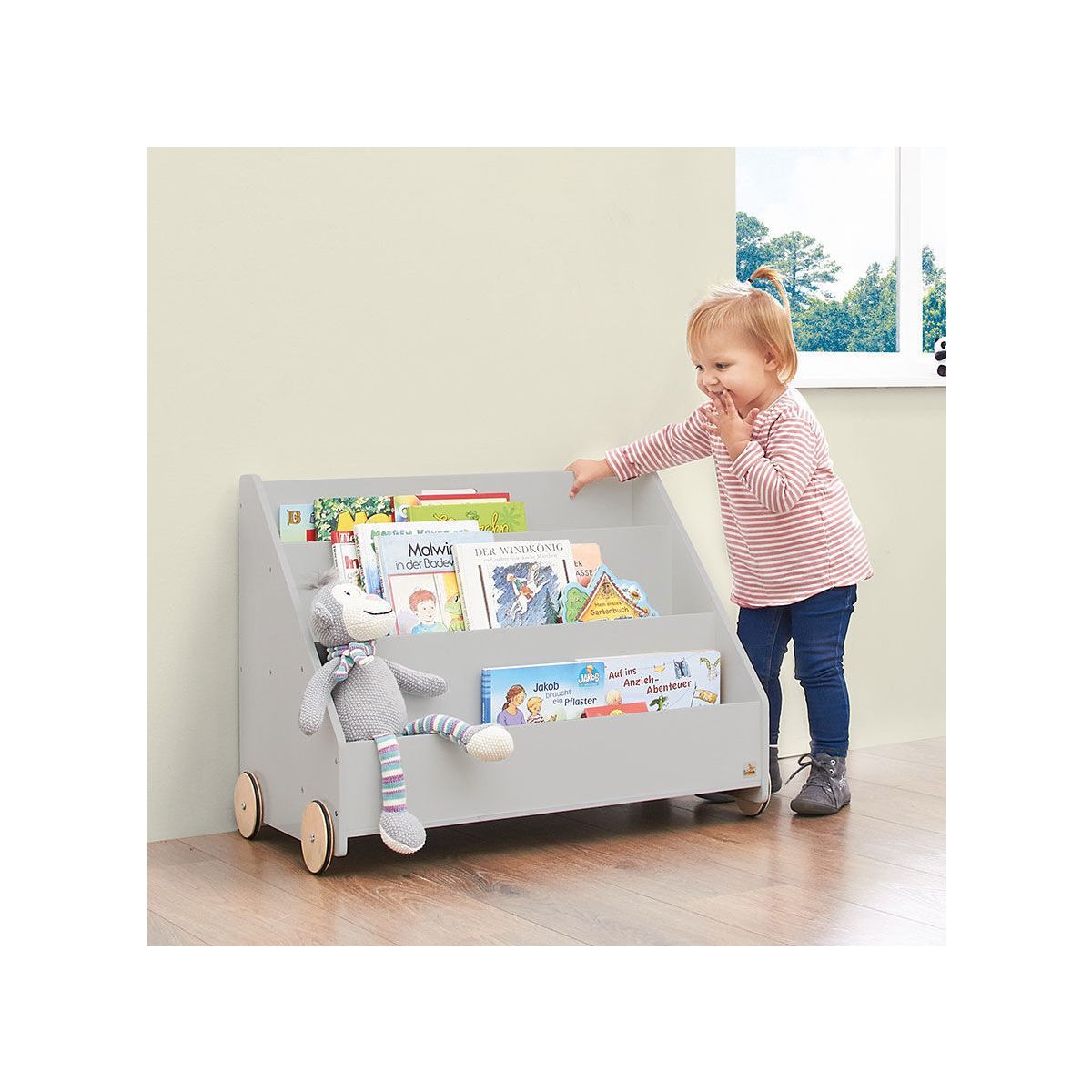 Pinolino Kinder-Bücherregal Lasse - mit Rollen MDF grau lackiert - zum Toppreis