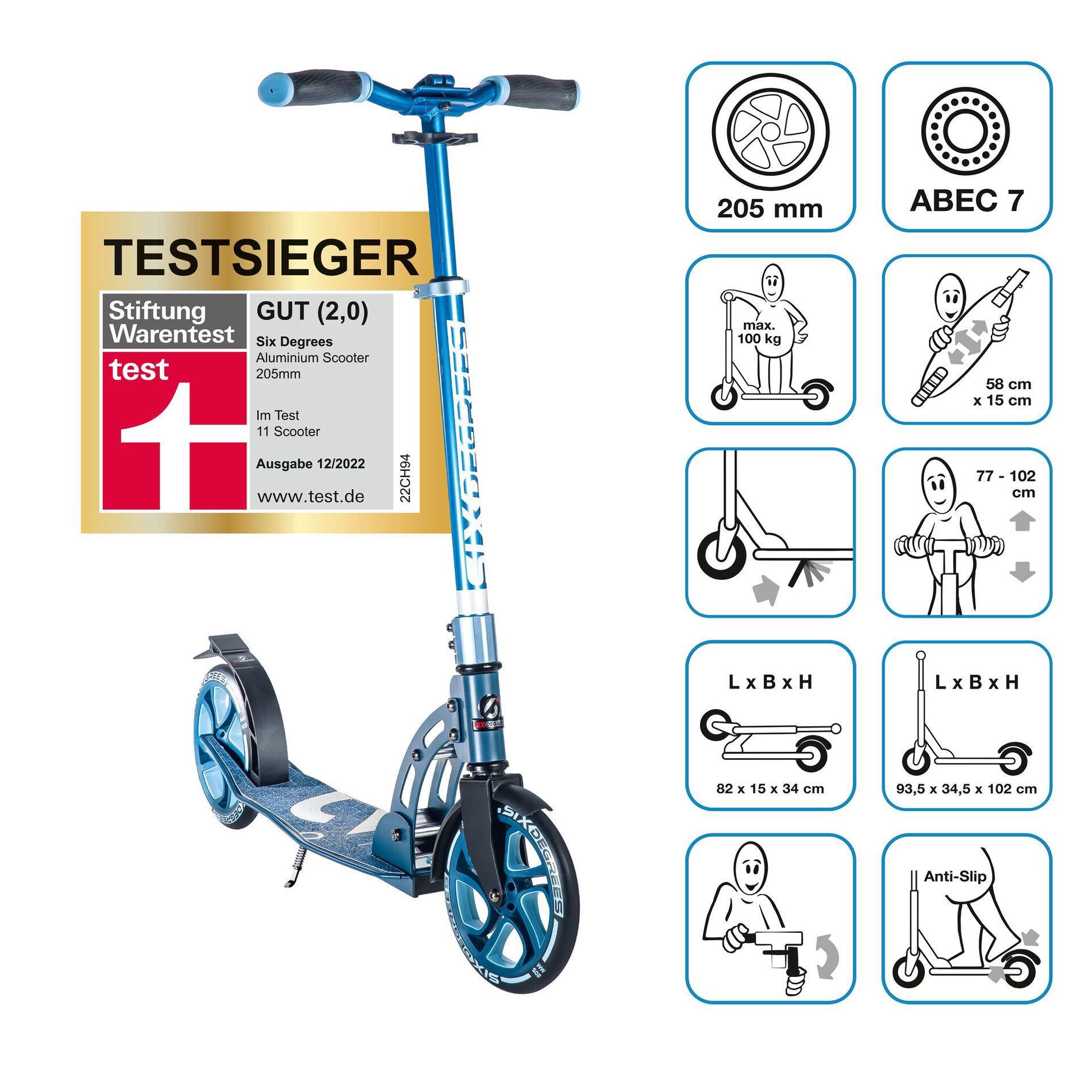 SIX DEGREES Aluminium Scooter 205 mm blau