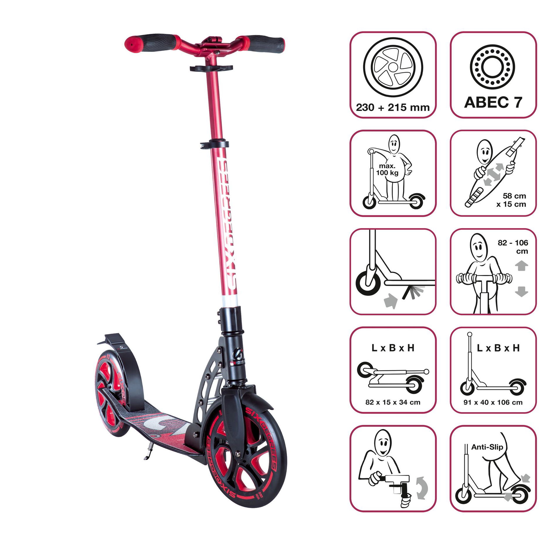 SIX DEGREES Aluminium Scooter 230/215 mm rot