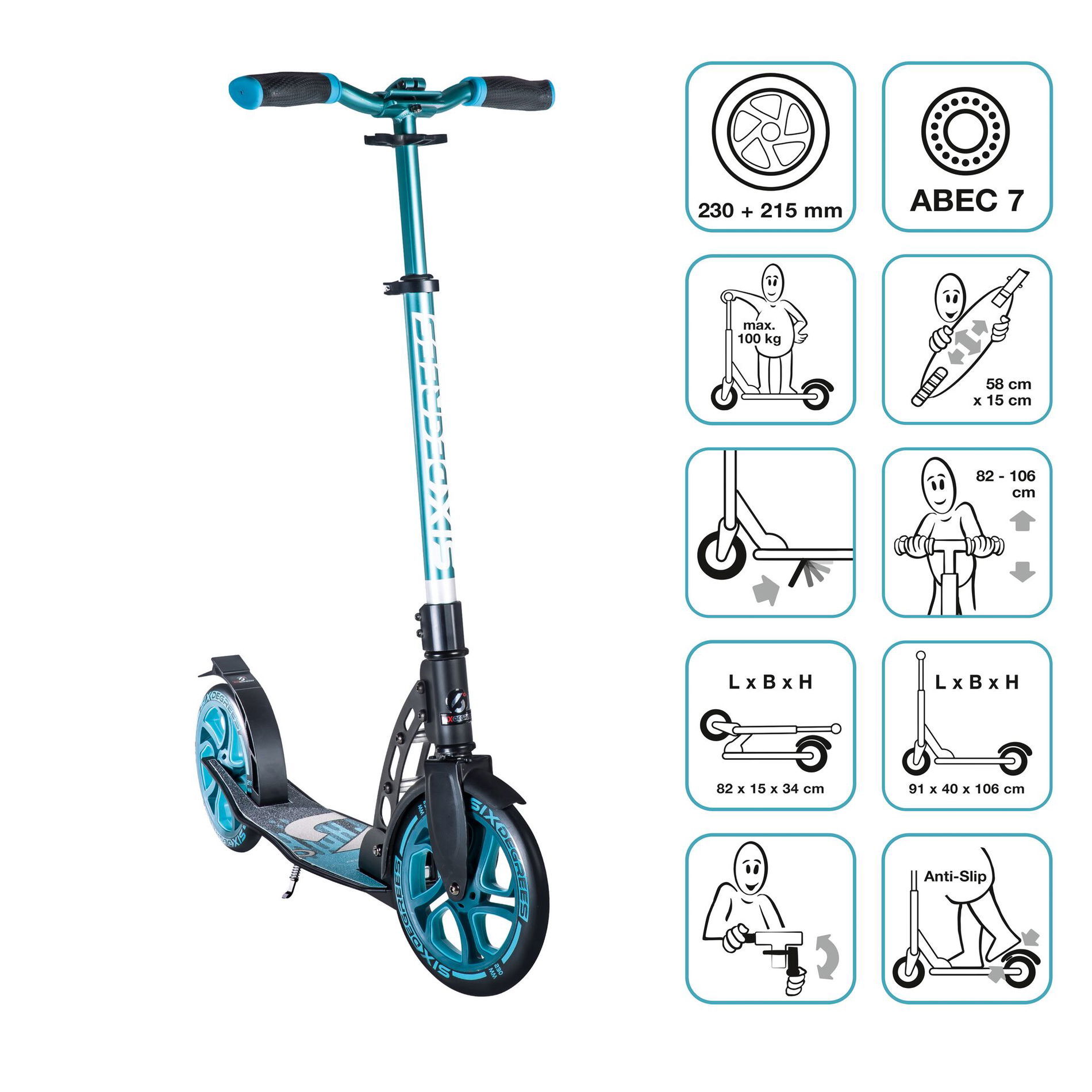 SIX DEGREES Aluminium Scooter 230/215 mm türkis