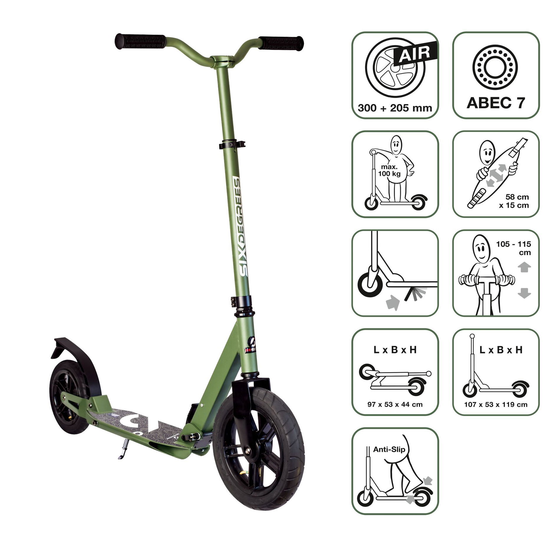 SIX DEGREES Aluminium Scooter All Terrain 300/205 mm olivgrün