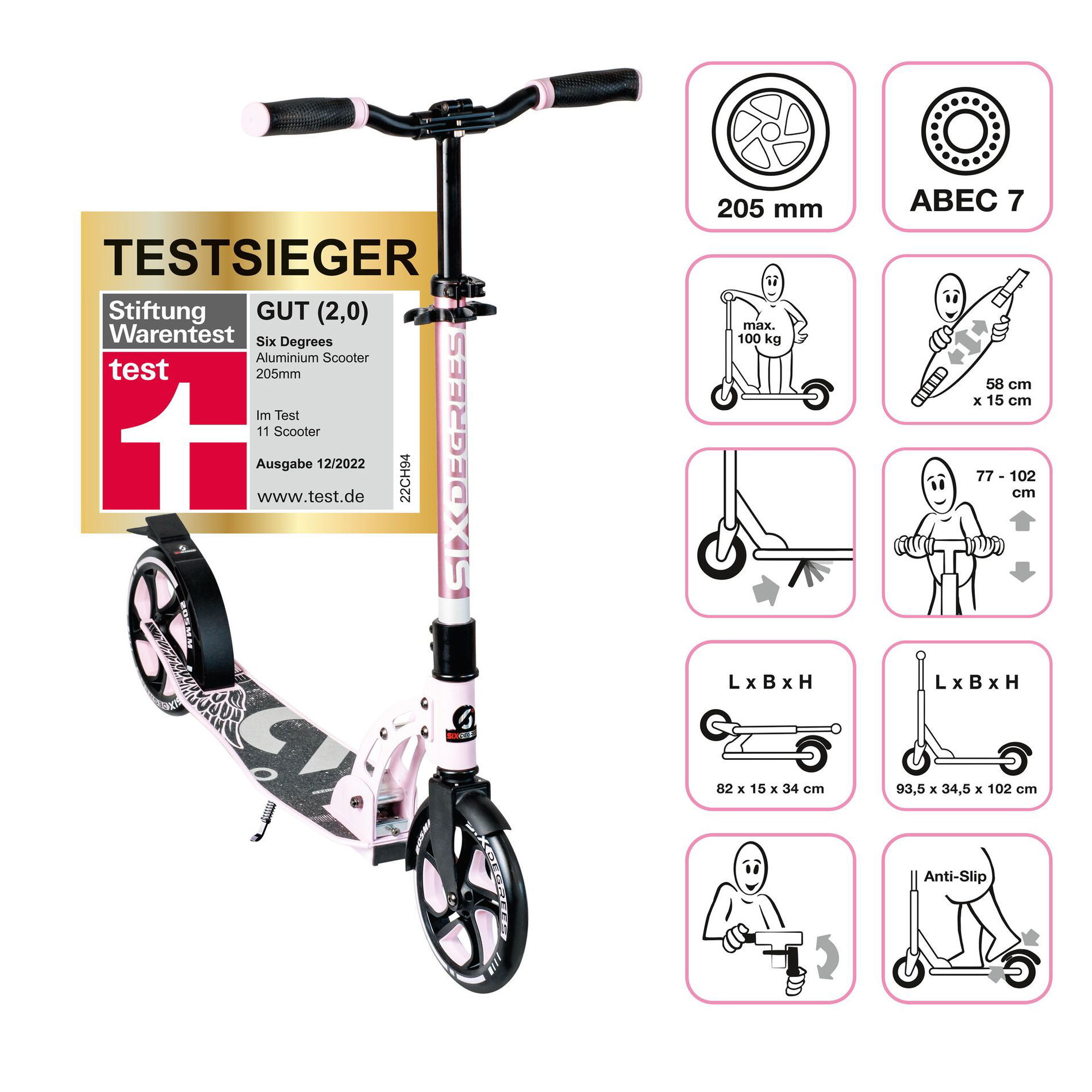 SIX DEGREES Aluminium Scooter 205 mm pastellrosa