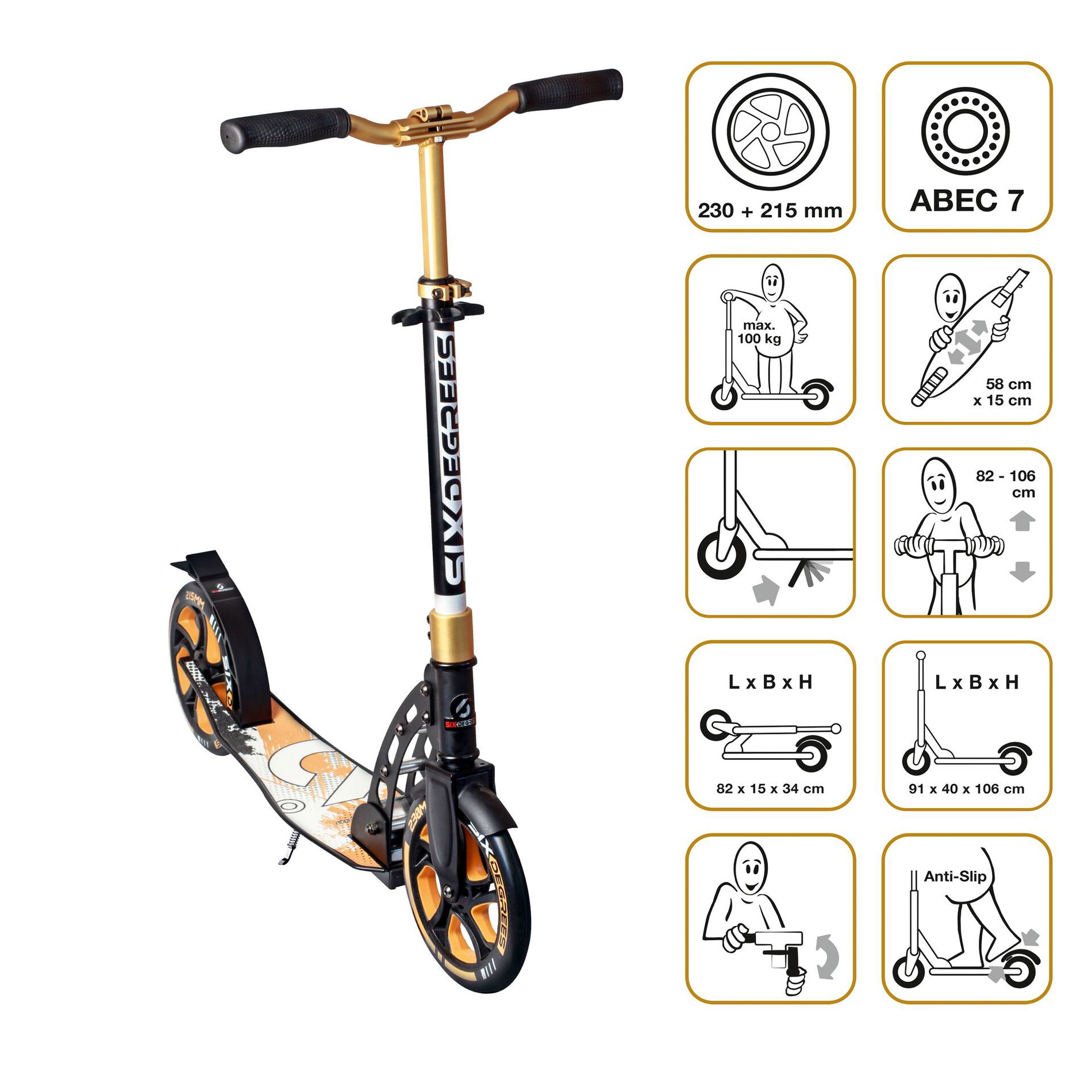 SIX DEGREES Aluminium Scooter 230/215 mm gold