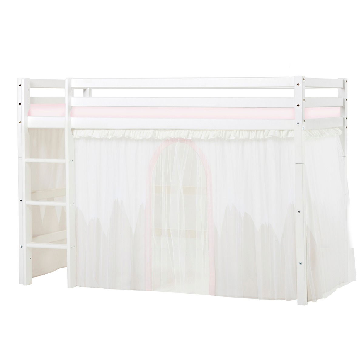 BUNDLE ECO Dream Mittel-Hochbett 90x200 cm mit WINTER WONDERLAND Vorhang mit Tüll und Kaltschaum-Matratze