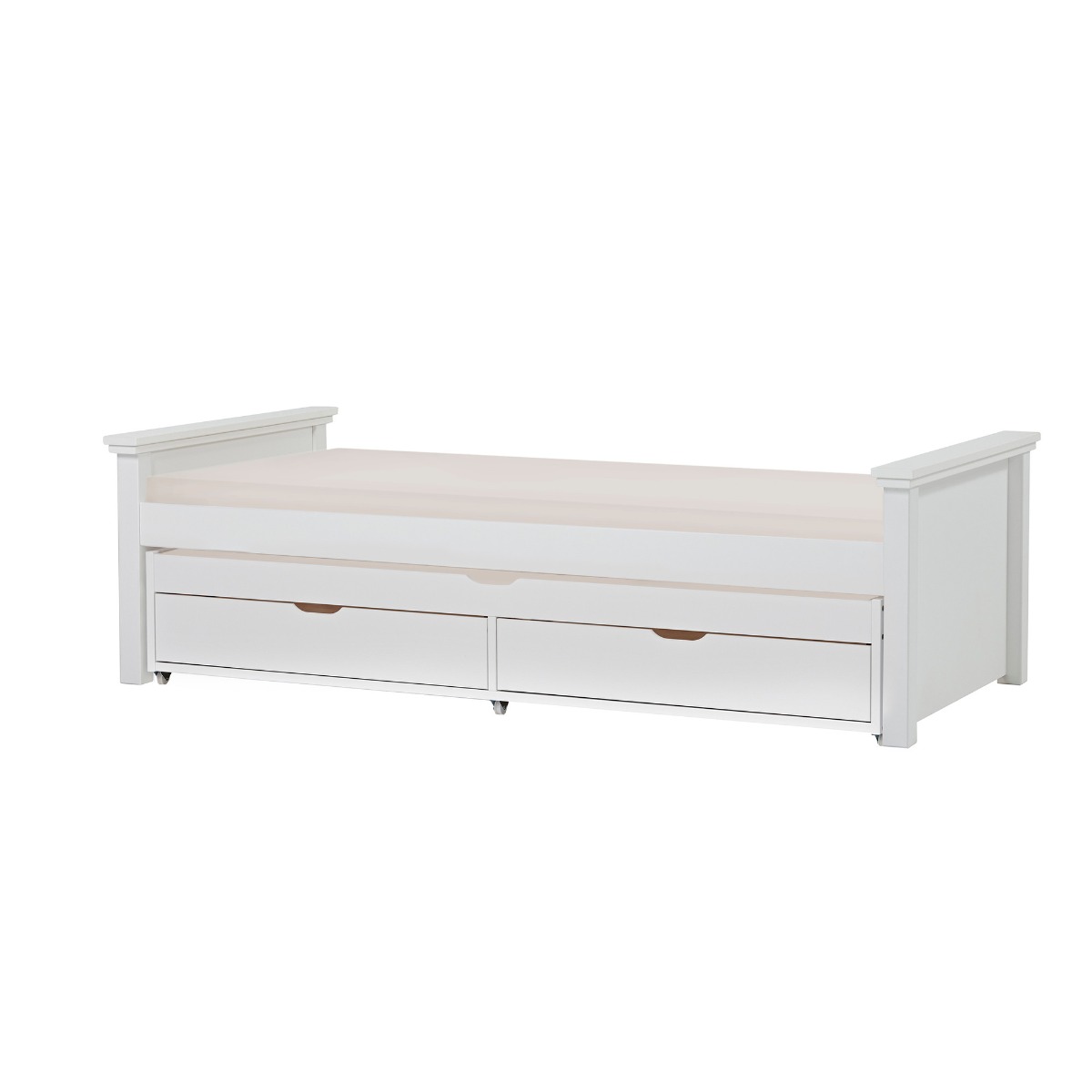 Hoppekids Maja Deluxe Bett 90x200 cm mit mittelhohen Giebeln Kaltschaum-Matratze und Auszieh-/Gästebett 90x190 cm - Matratzenbezugsfarbe: Sand