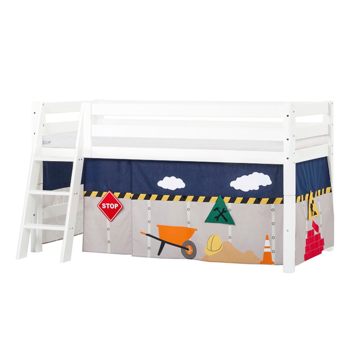 BUNDLE ECO Luxury Halbhochbett 90x200 cm mit schräger Leiter mit CONSTRUCTION-Vorhang und ECO Luxury Matratze