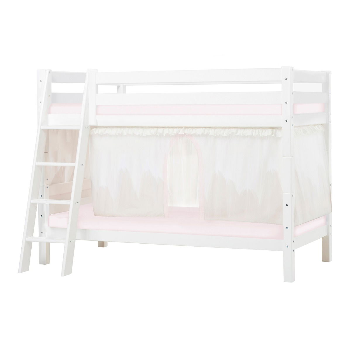 BUNDLE ECO Luxury Etagenbett 90x200 cm mit schräger Leiter mit WINTER WONDERLAND Vorhang und Schaummatratze