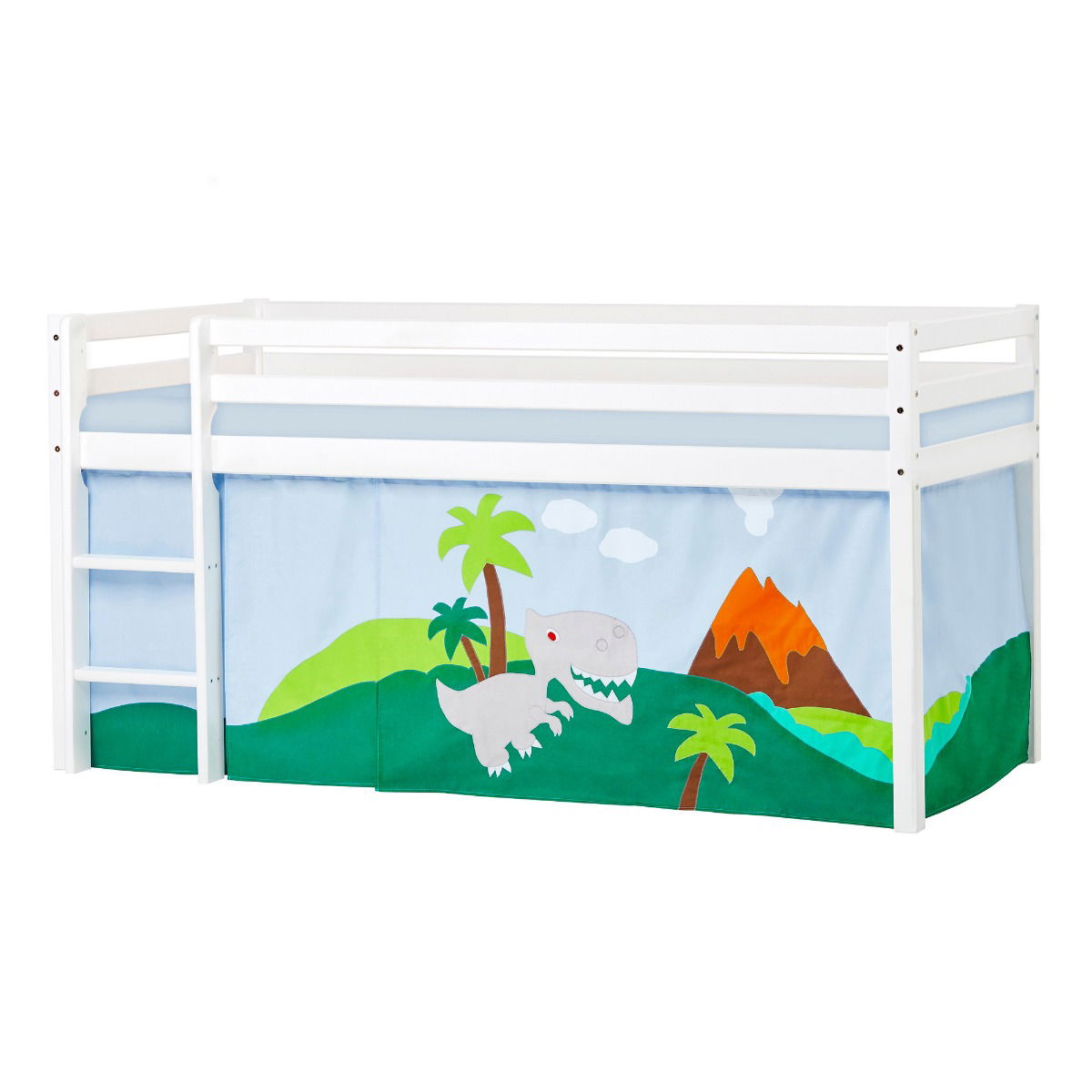 BUNDLE ECO Dream Halbhochbett 90x200 cm (nicht teilbar) mit DINOSAUR Vorhang und Schaummatratze