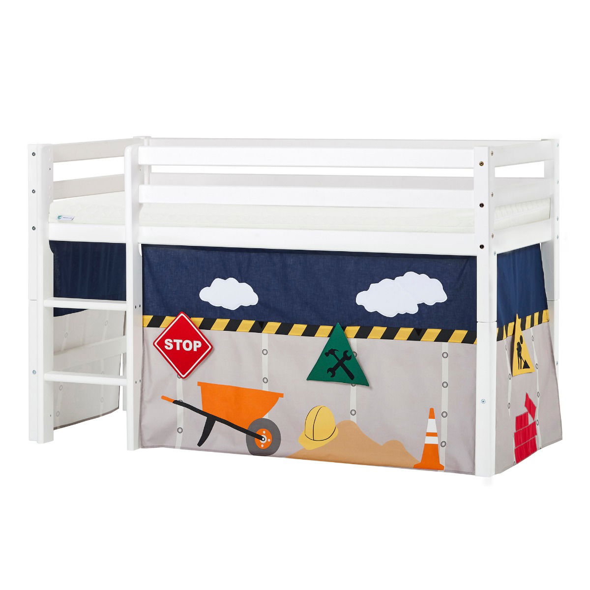 BUNDLE ECO Dream Halbhochbett 70x160 cm mit CONSTRUCTION Vorhang und ECO Dream-Matratze