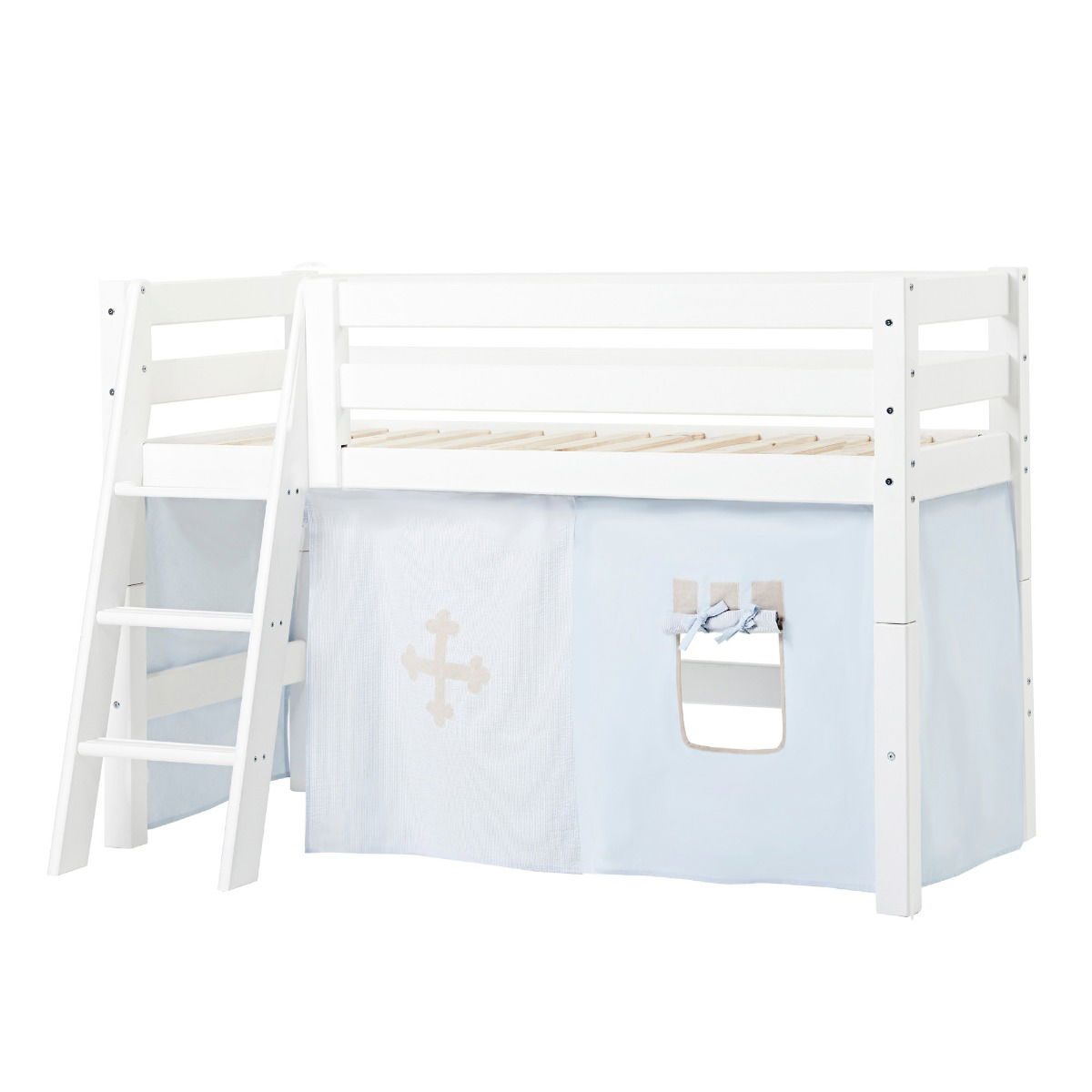 BUNDLE ECO Luxury Halbhochbett 70x160 cm mit schräger Leiter und mit FAIRYTALE KNIGHT-Vorhang