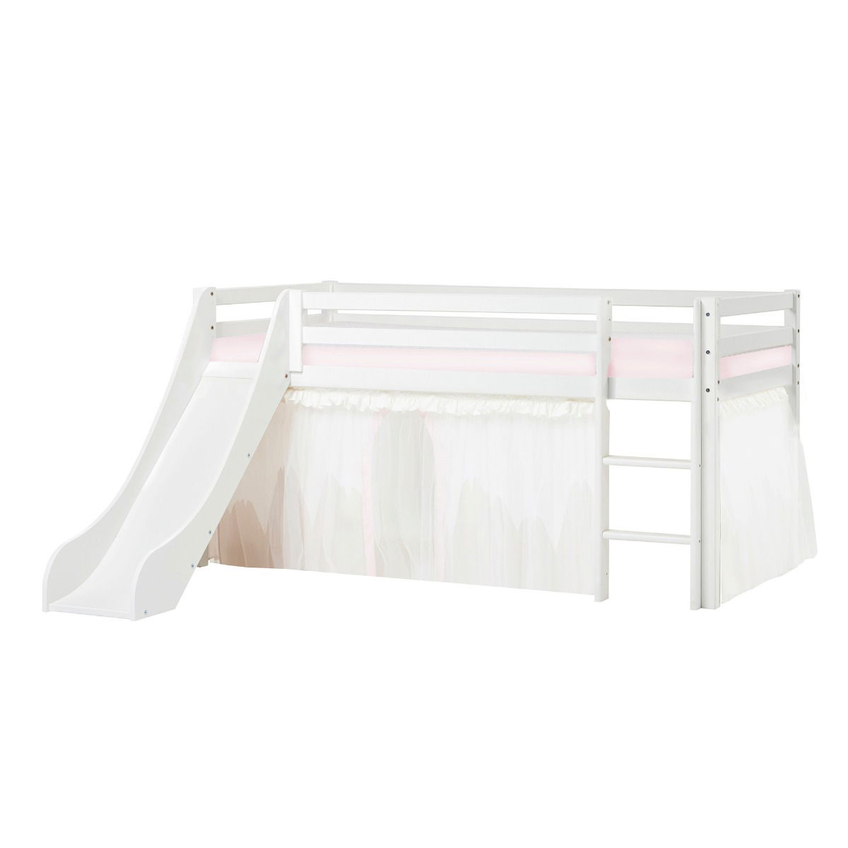 BUNDLE ECO Dream Halbhochbett 90x200 cm (nicht teilbar) mit Rutsche mit WINTER WONDERLAND Vorhang mit Tüll und Schaummatratze