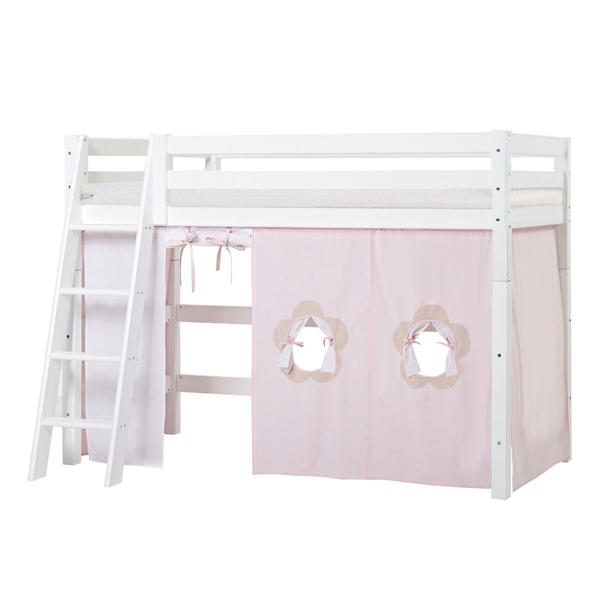 BUNDLE ECO Luxury Mittel-Hochbett 90x200 cm mit schräger Leiter mit FAIRYTALE FLOWER-Vorhang und ECO Luxury Matratze