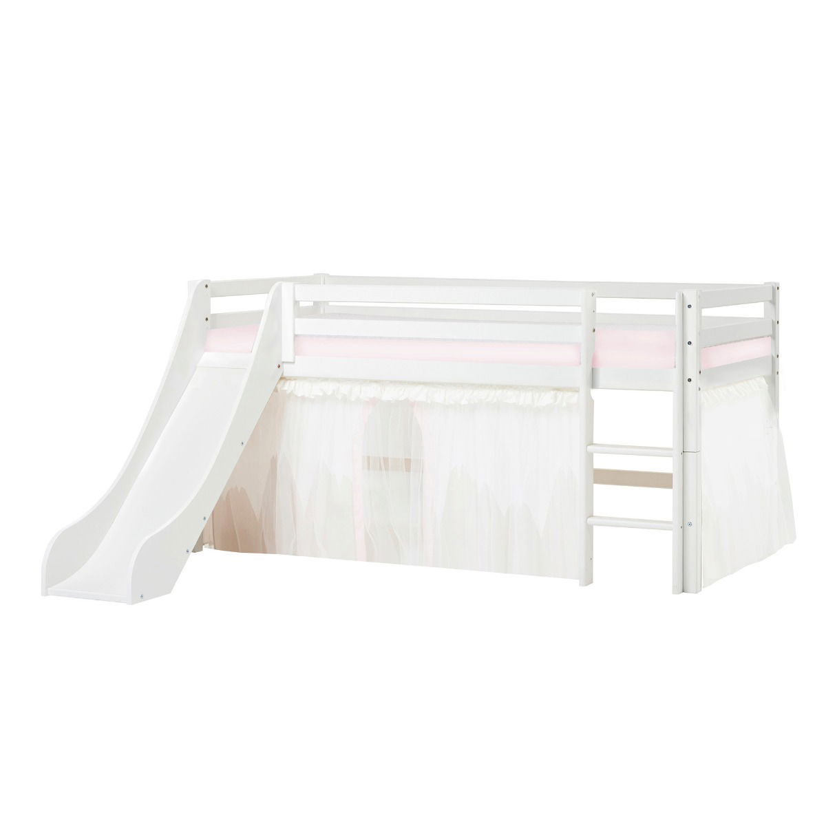 BUNDLE ECO Dream Halbhochbett 90x200 cm mit Rutsche mit WINTER WONDERLAND Vorhang mit Tüll und Kaltschaum-Matratze