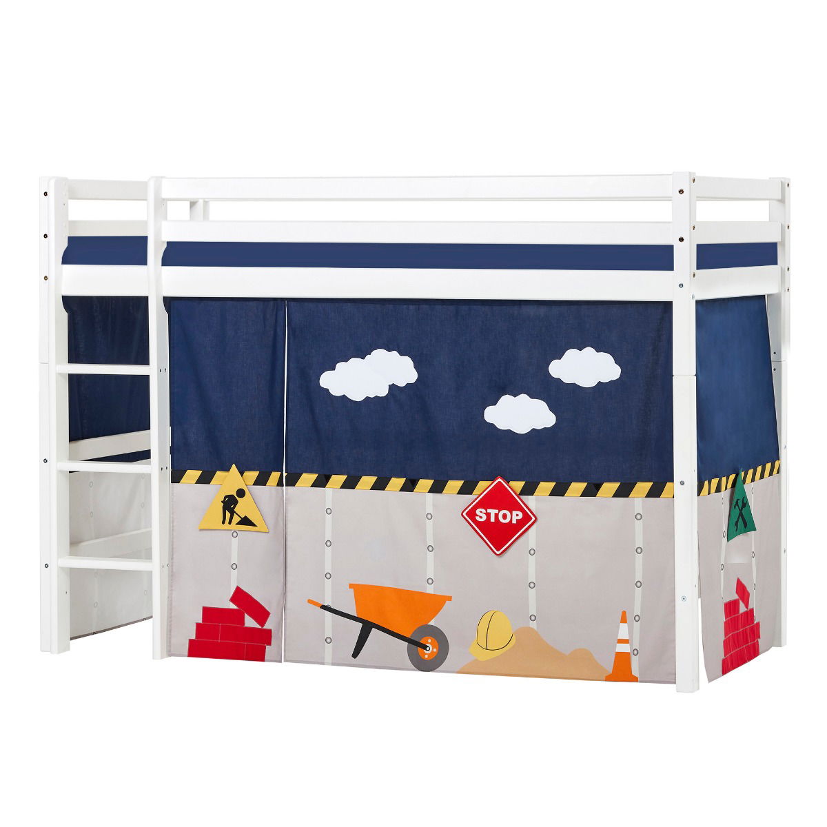 BUNDLE ECO Dream Mittel-Hochbett 90x200 cm mit CONSTRUCTION Vorhang und Kaltschaum-Matratze