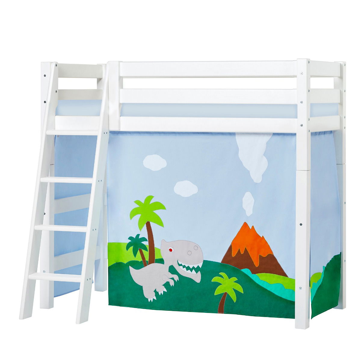 BUNDLE ECO Luxury Mittel-Hochbett 70x160 cm mit schräger Leiter mit DINOSAUR-Vorhang und Schaummatratze