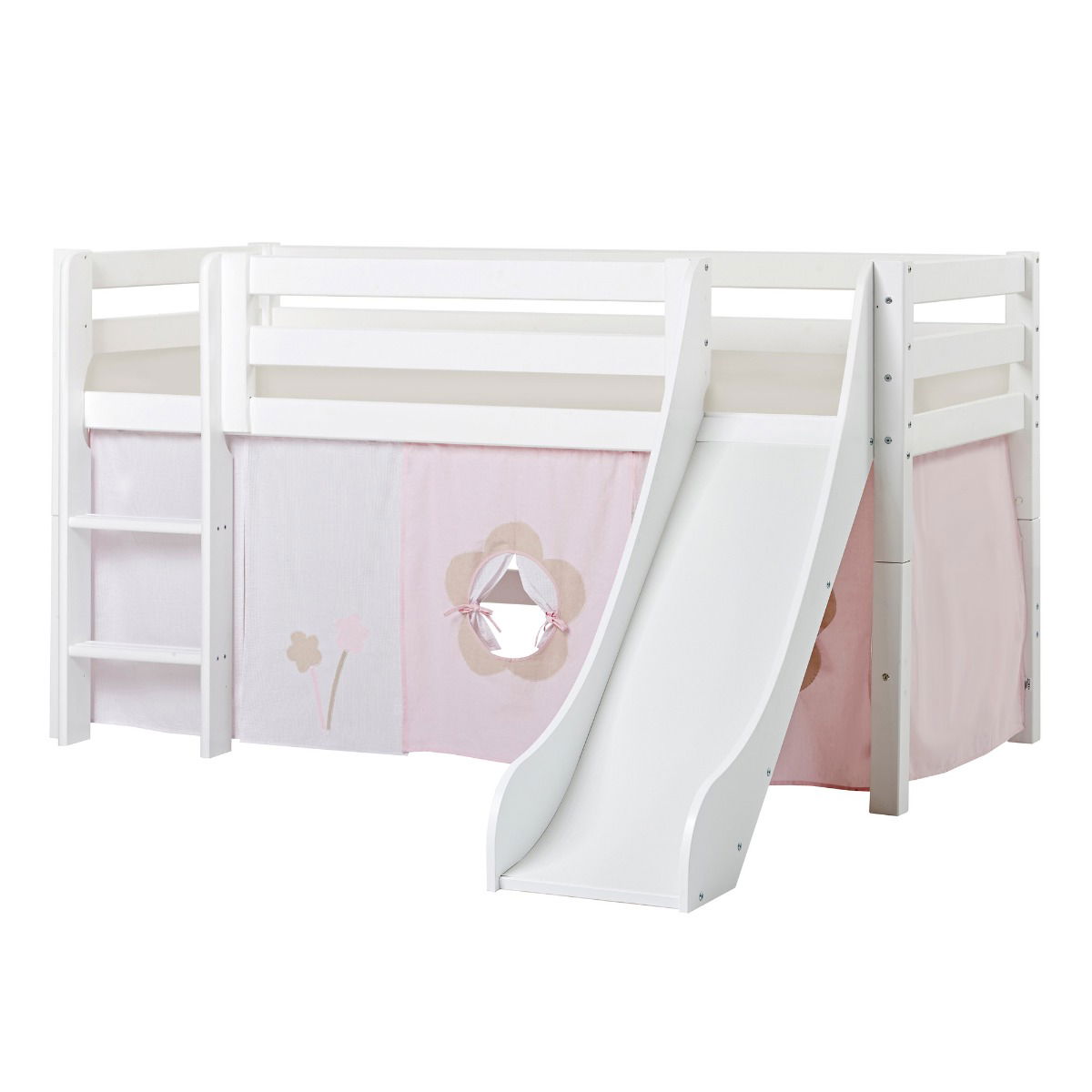 BUNDLE ECO Luxury Halbhochbett 90x200 cm mit Rutsche mit FAIRYTALE FLOWER-Vorhang und Kaltschaum-Matratze