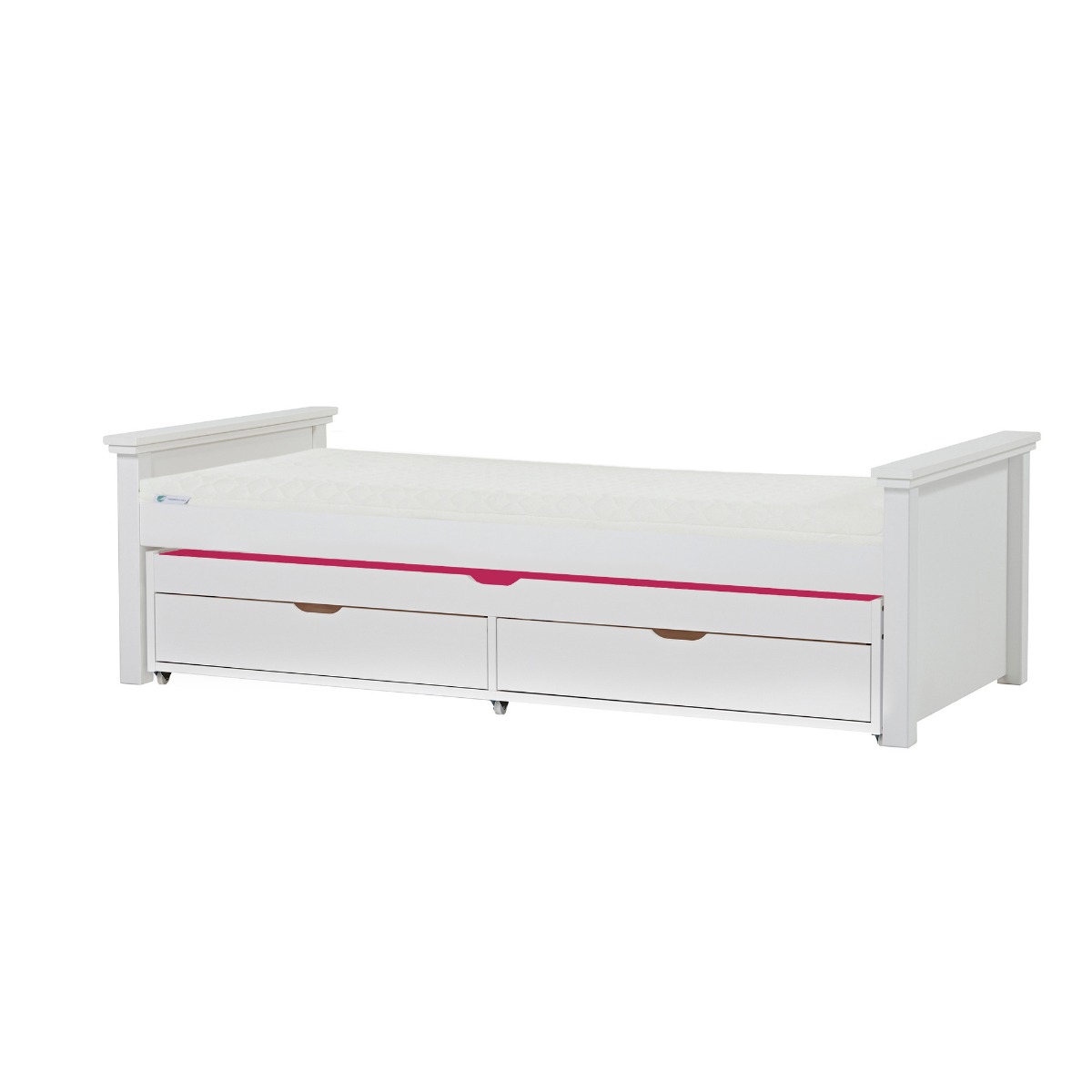 Hoppekids Maja Deluxe Bett 90x200 cm mit mittelhohen Giebeln Eco Luxury-Matratze und Auszieh-/Gästebett 90x190 cm - Matratzenbezugsfarbe: Pink