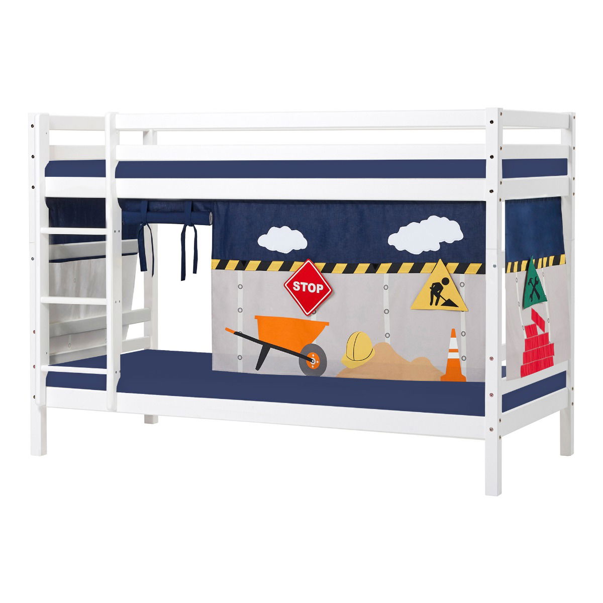 BUNDLE ECO Dream Etagenbett 90x200 cm mit CONSTRUCTION Vorhang und Kaltschaum-Matratze