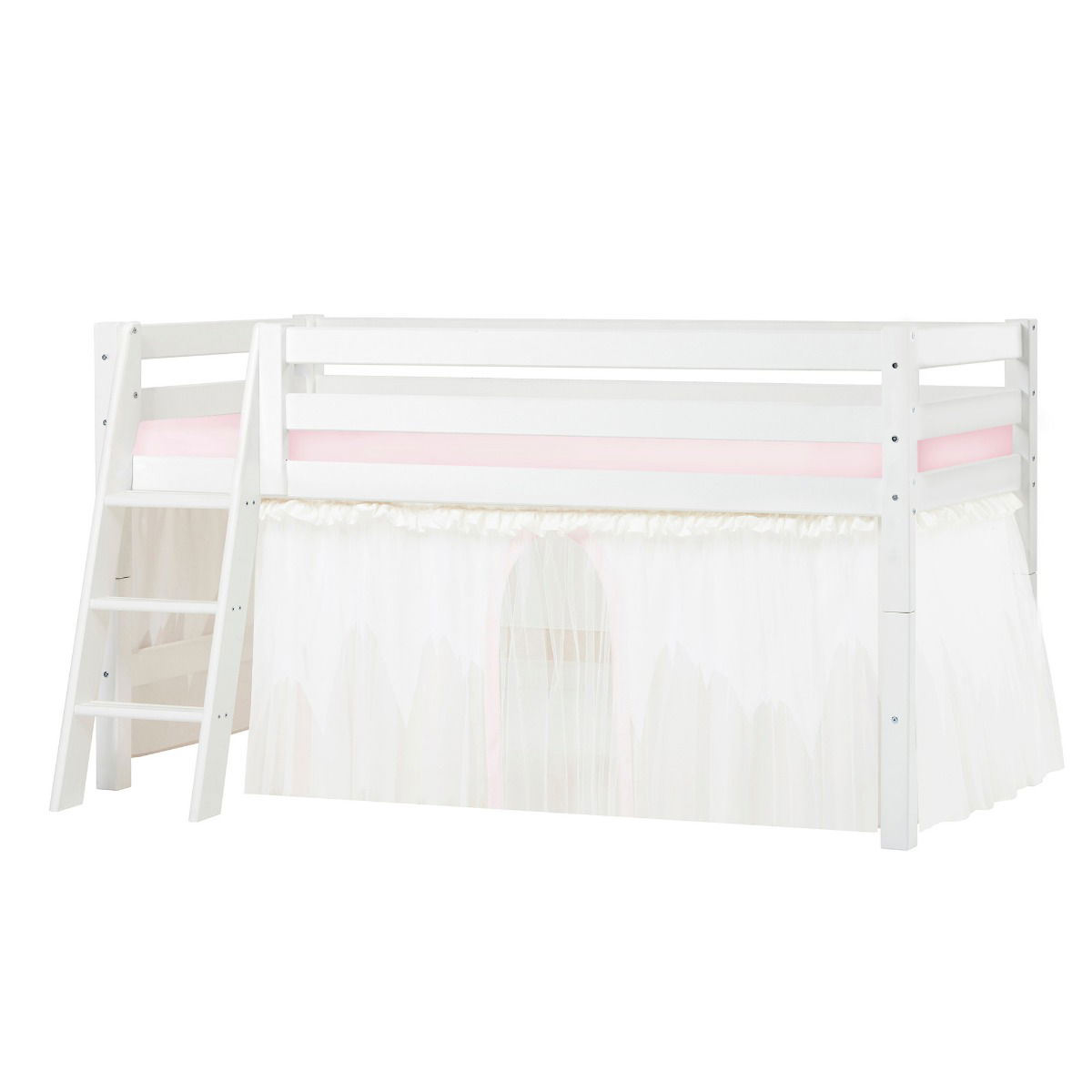 BUNDLE ECO Luxury Halbhochbett 90x200 cm mit schräger Leiter mit WINTER WONDERLAND Vorhang und Kaltschaum-Matratze