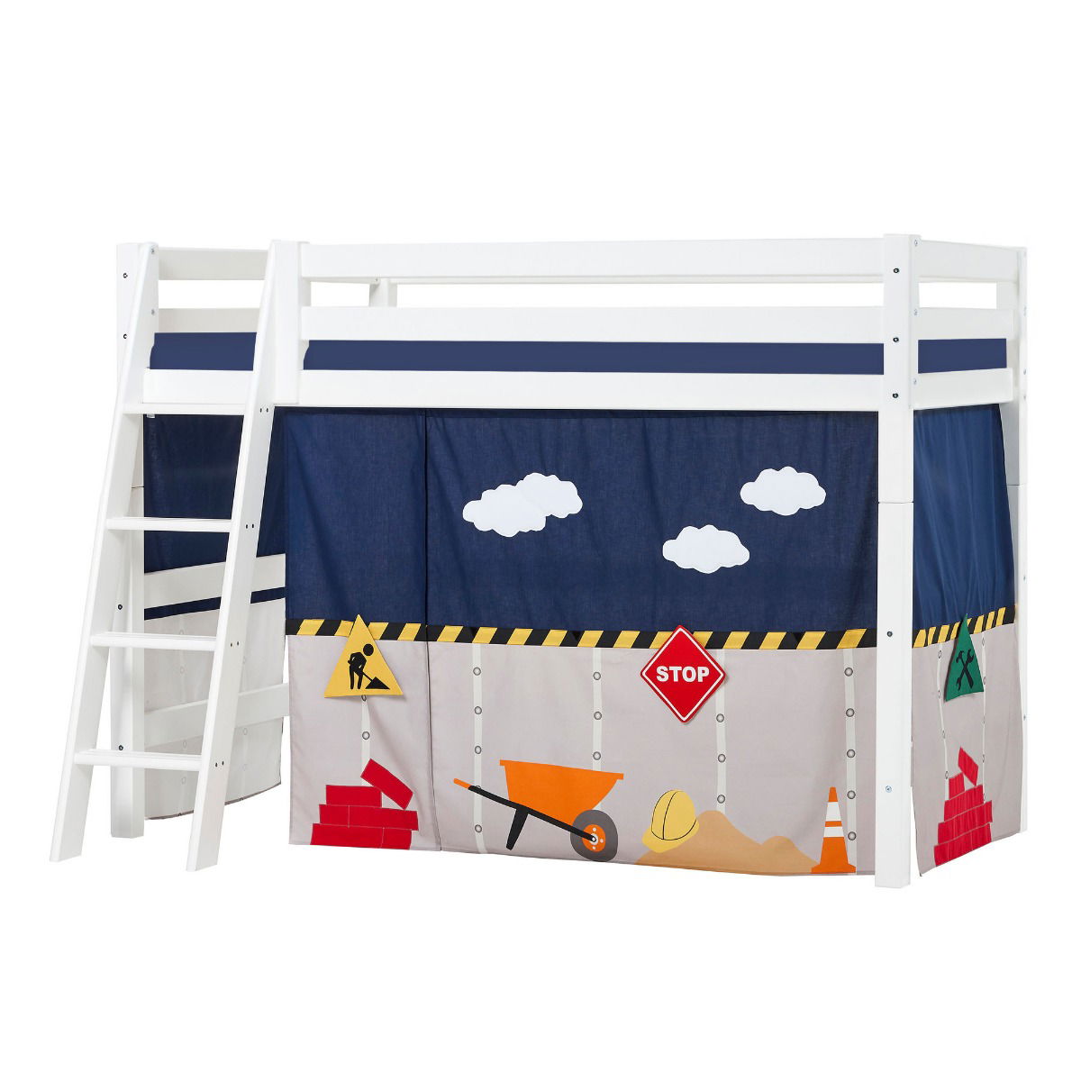 BUNDLE ECO Luxury Mittel-Hochbett 90x200 cm mit schräger Leiter mit CONSTRUCTION-Vorhang und Schaummatratze