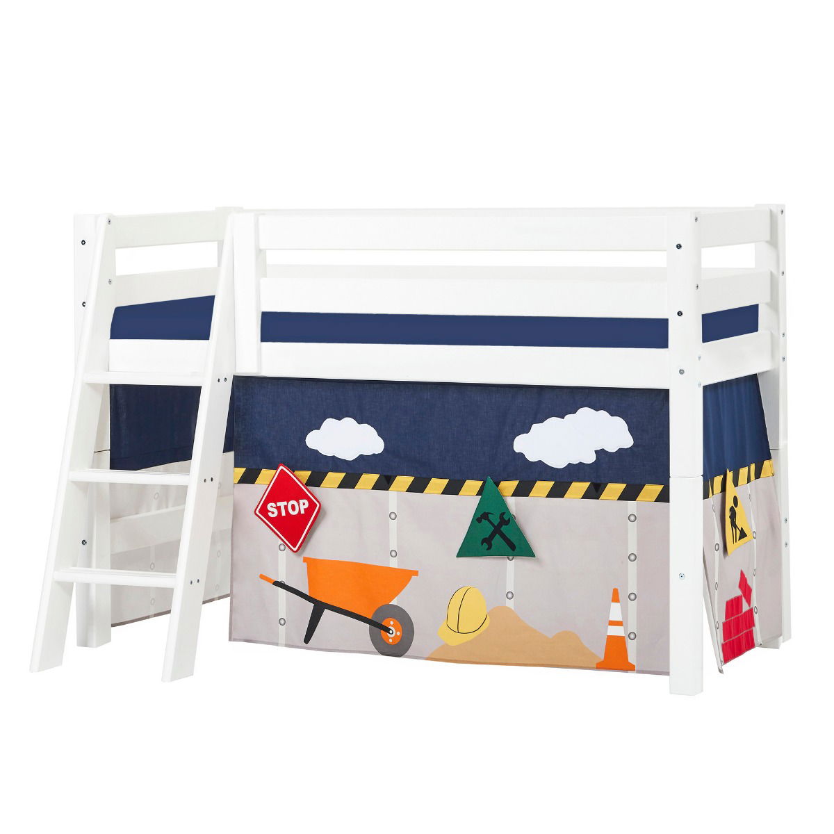 BUNDLE ECO Luxury Halbhochbett 70x160 cm mit schräger Leiter mit CONSTRUCTION-Vorhang und Schaummatratze